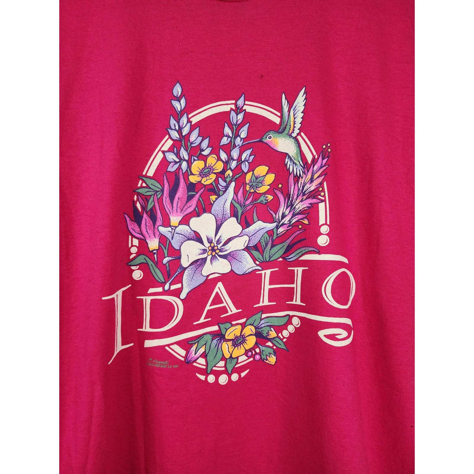 Jerzees × Vintage 90s Idaho Floral Bird Graphic Tee Vibrant Pink Cotton Top Size M / US 6-8 / IT 42-44 - 2 Thumbnail