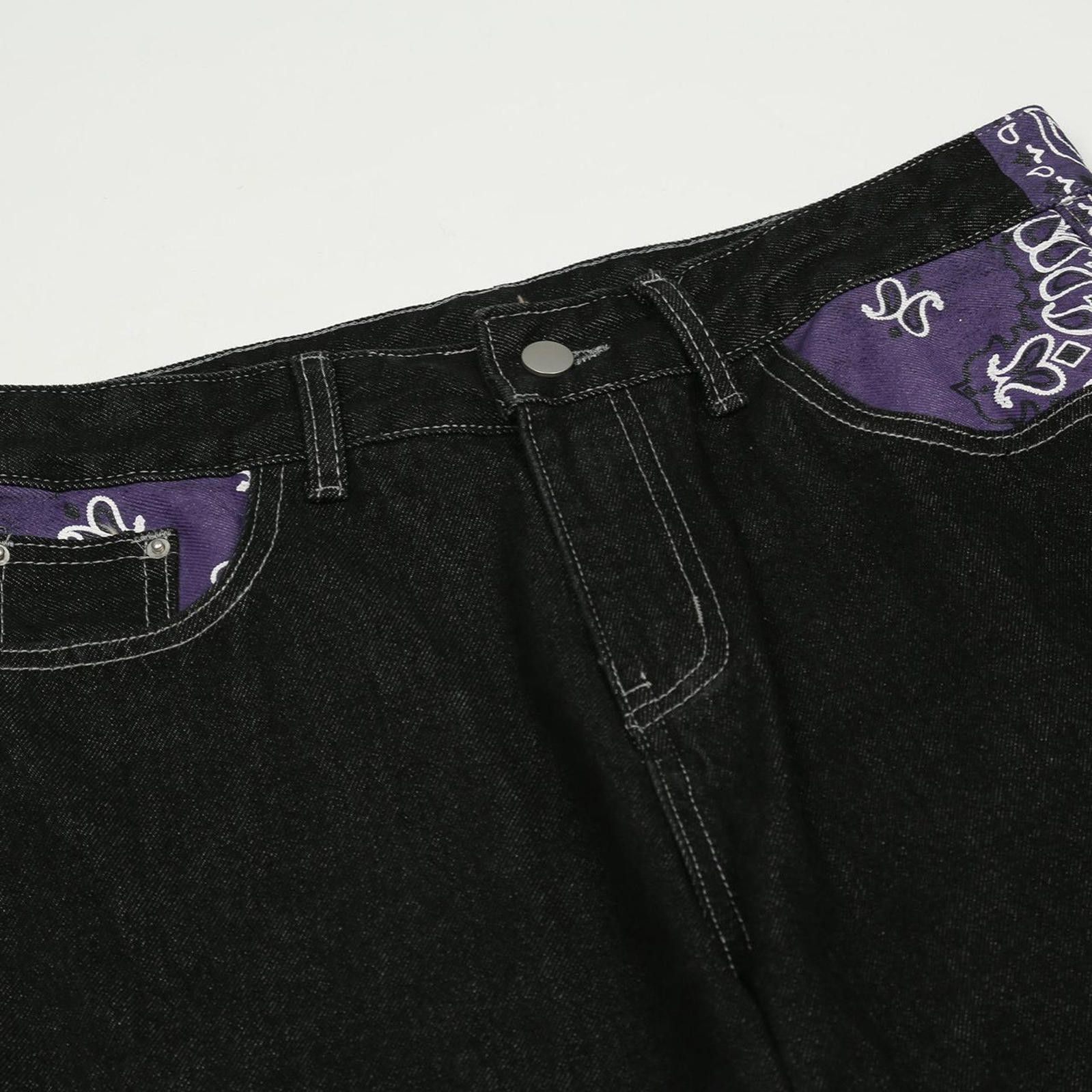 Japanese Brand Black Straight Leg Denim Jeans with Purple Bandana Detail Size US 32 / EU 48 - 7 Thumbnail