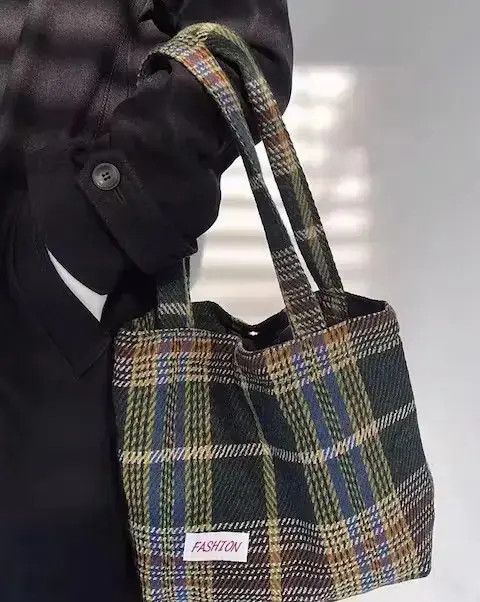Fashion Tartan Plaid Tote Bag Shoppers Bag in Green, Men's