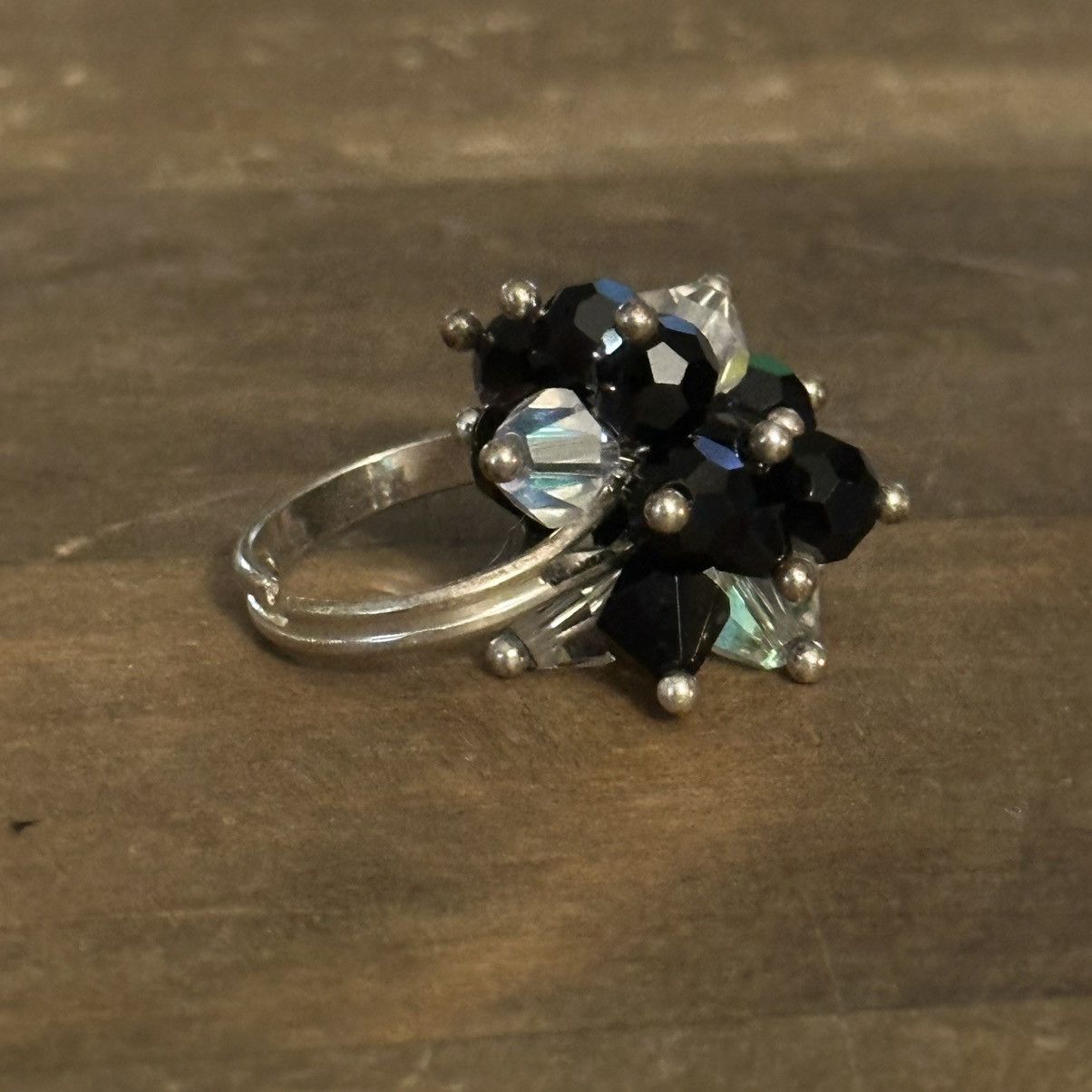 Vintage Vintage silver tone black and AB cluster glass bead ring Size ONE SIZE - 4 Thumbnail