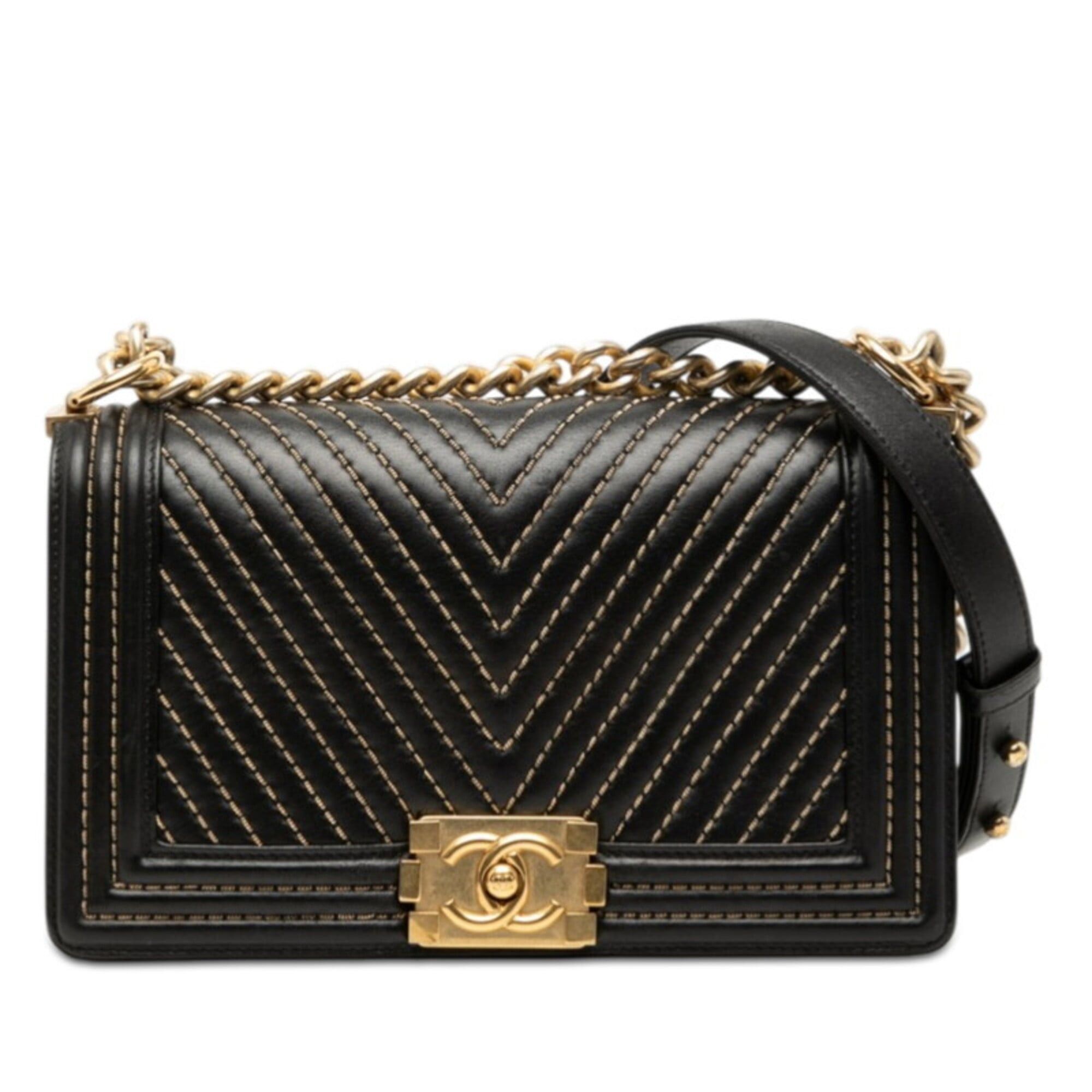 Chanel Chanel Coco Mark V-stitch Boy 25 Chain Shoulder Bag, Black Gold ...
