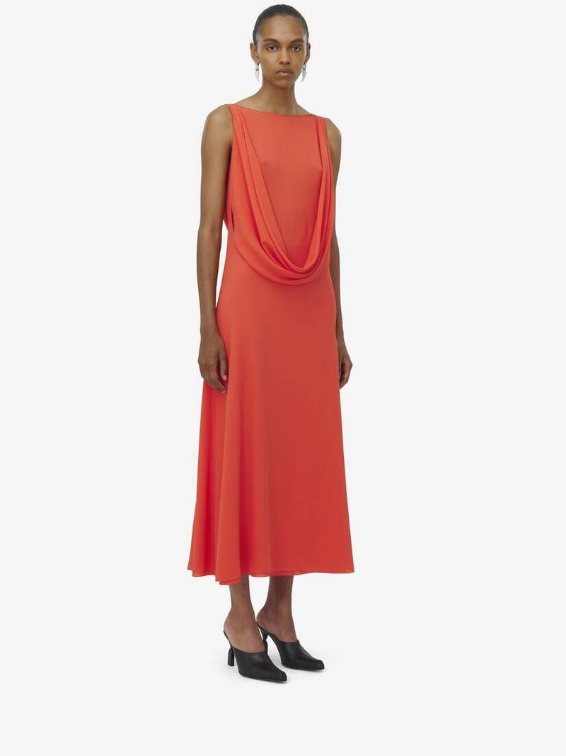 Alexander McQueen o1srvl11e0226 Draped Midi Dress In Coral Size L / US 10 / IT 46 - 3 Thumbnail