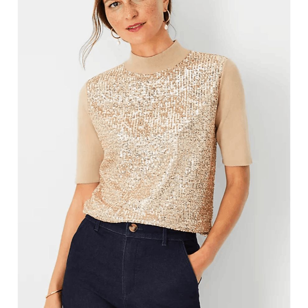 Ann Taylor Ann Taylor Sequin Front Sweater Tee, Gold Sweater, Size Larg Size L / US 10 / IT 46 - 1 Thumbnail