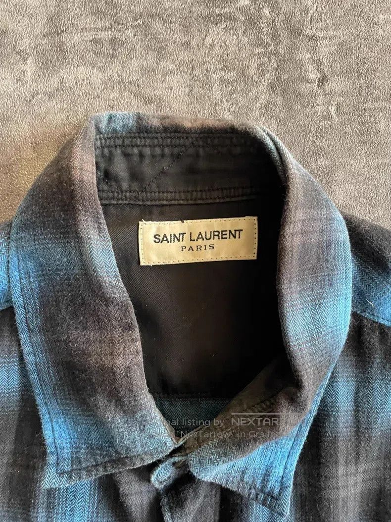 Saint Laurent Paris Saint Laurent Paris Blue and Black Washed Frayed Plaid Shi Size US XL / EU 56 / 4 - 5 Thumbnail