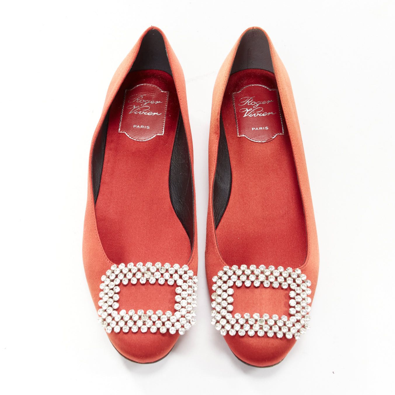 Roger Vivier ROGER VIVIER red satin silver strass crystal buckle classic dress flats EU36.5 Size US 6.5 / IT 36.5 - 1 Thumbnail