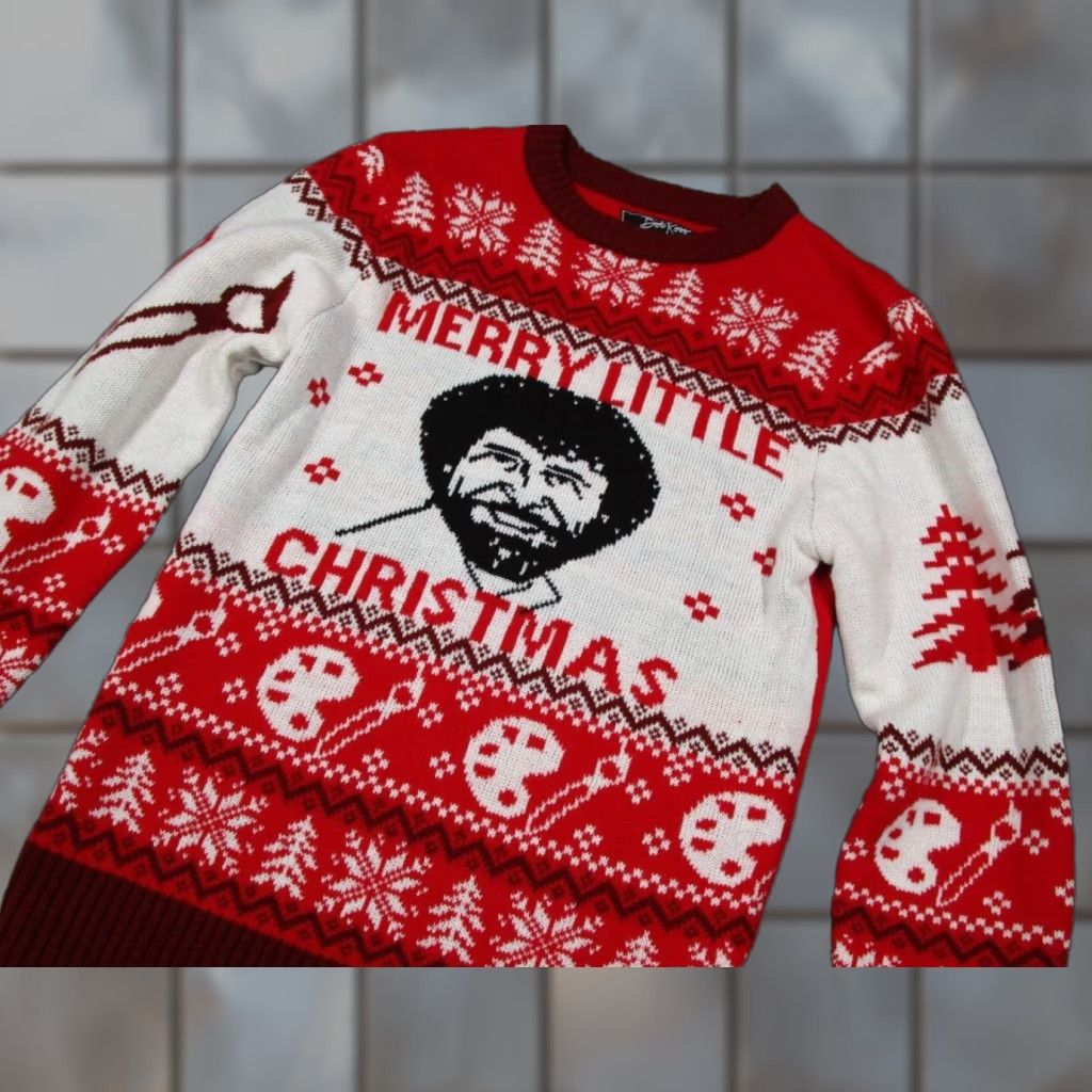 Vintage Bob Ross Mens Small Red Merry Little Christmas Crew Neck Pullover Sweater - 100% acrylic - All Seasons - Holiday Gift Size US S / EU 44-46 / 1 - 1 Thumbnail