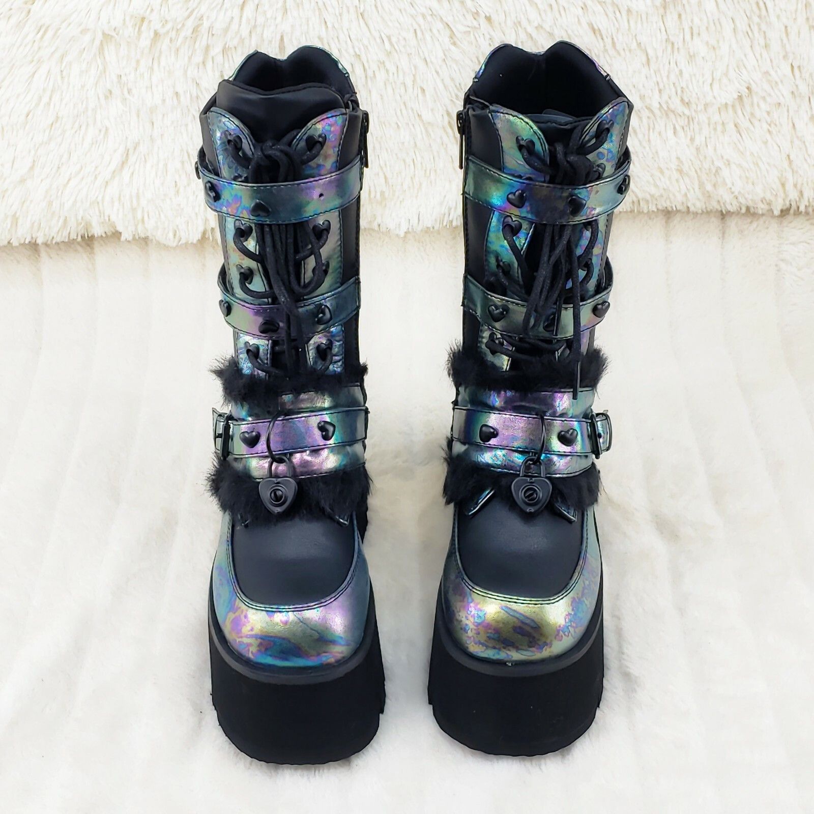 Demonia Cult DEMONIA Ashes 120 Black Faux Fur 3.5" Platform Heel Goth Pu Size US 9 / IT 39 - 3 Thumbnail