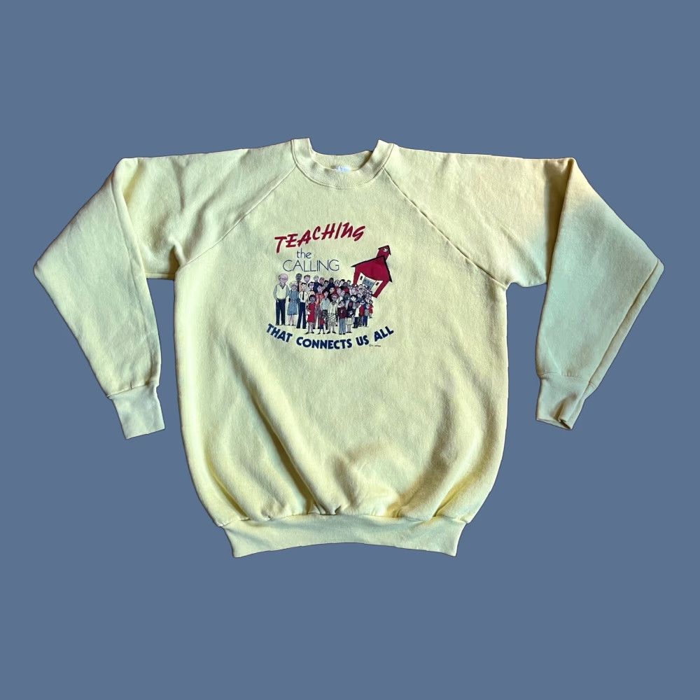 VINTAGE Fruit of the Loom Sweatshirt Men XL Yellow 90s Logo Graphic Print University Teacher Quote