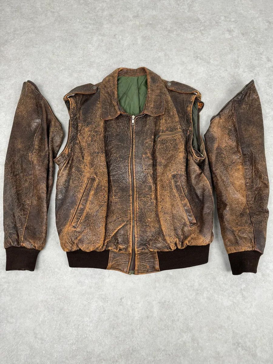 Archive Brown Eroded Leather Jacket with Detachable Sleeves