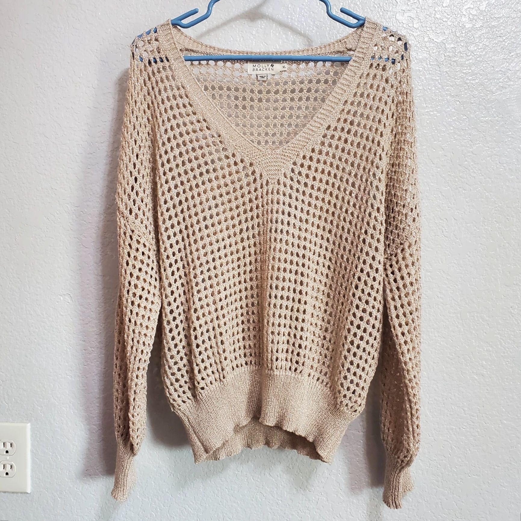 Vintage VINTAGE Molly Bracken Sweater Women XL Beige Gold Metallic Shimmer Open Knit Pullover Size XL / US 12-14 / IT 48-50 - 2 Thumbnail