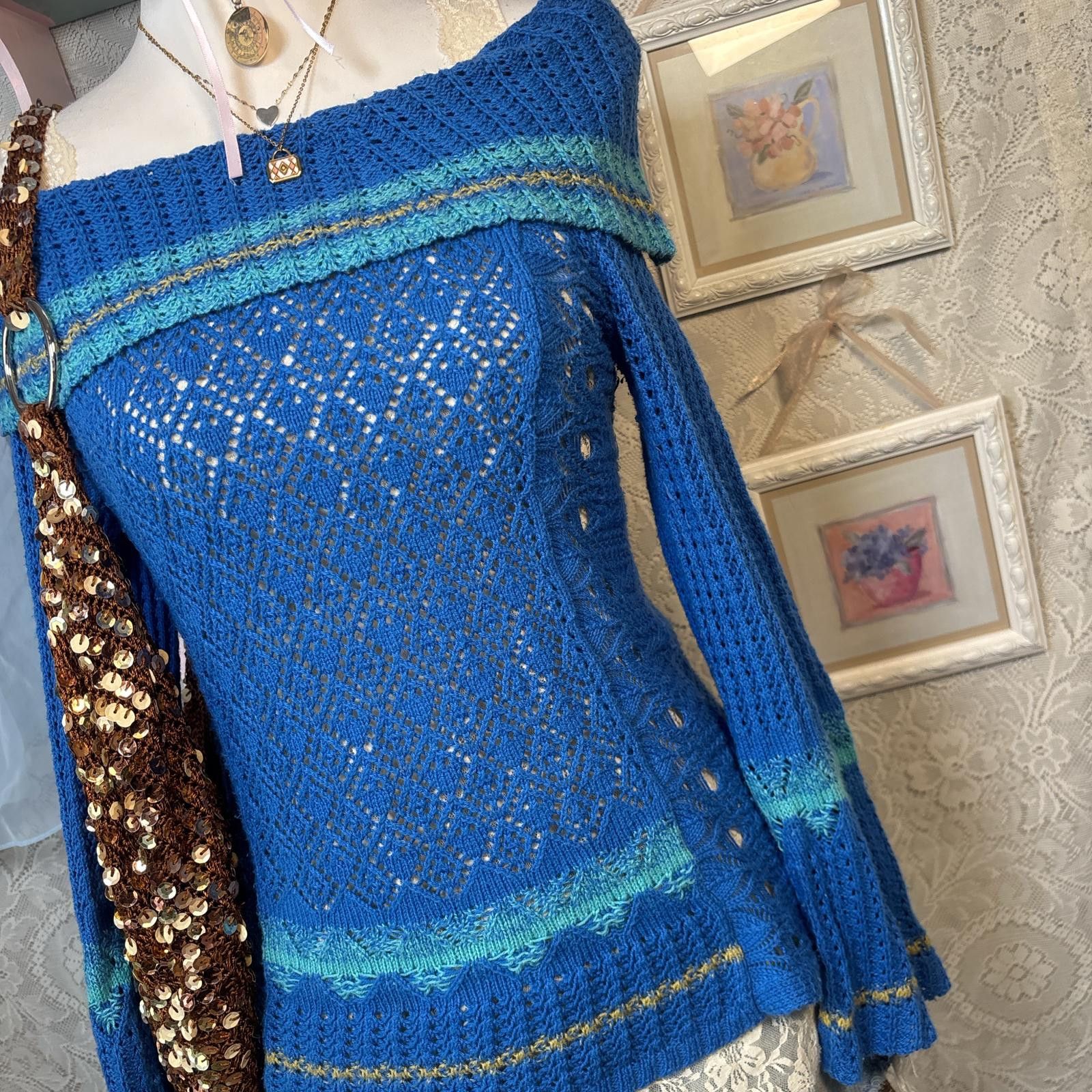 Other y2k blue off the shoulder sweater striped Size M / US 6-8 / IT 42-44 - 4 Thumbnail