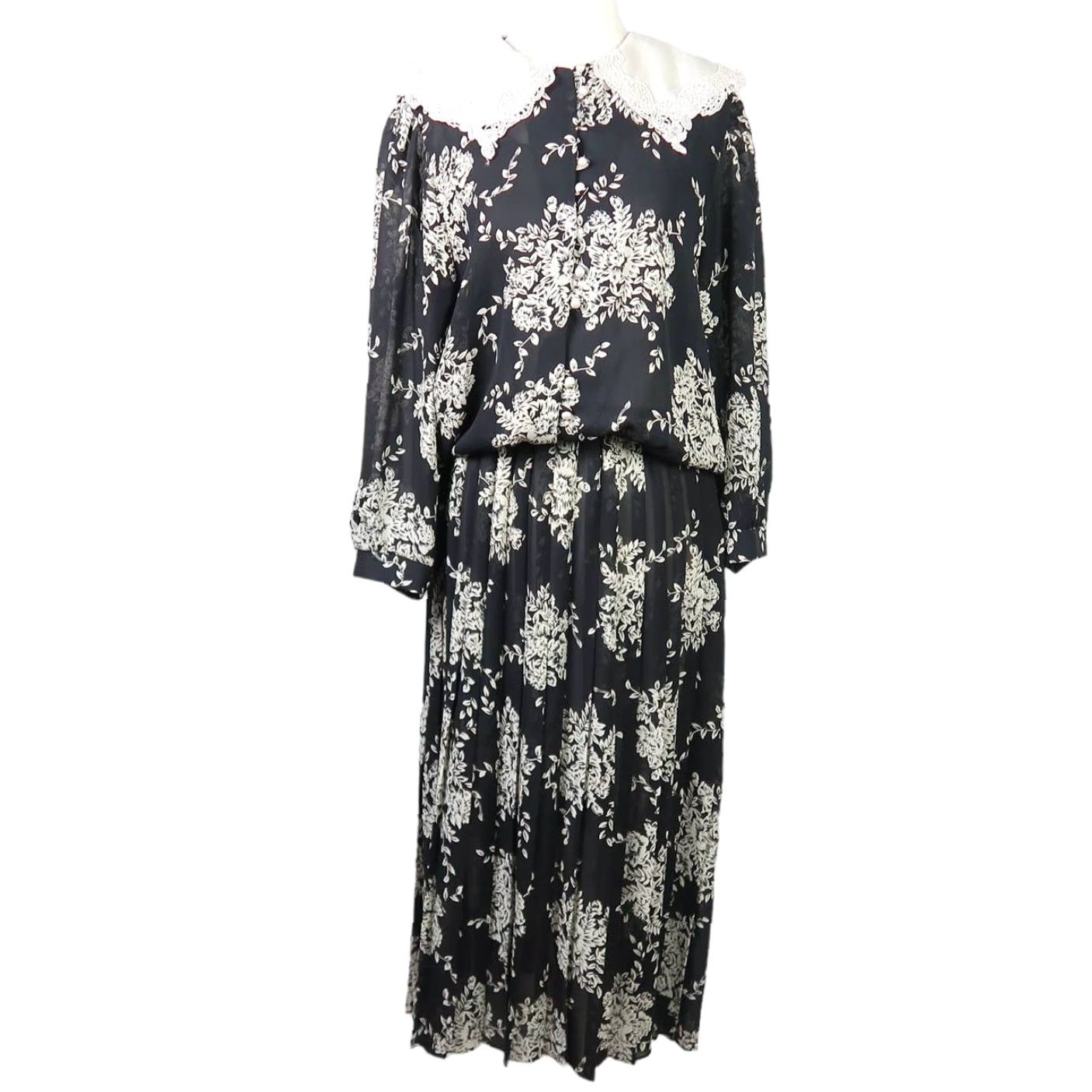 Vintage VINTAGE 80s black and cream floral print collared midi dress 12 Size XL / US 12-14 / IT 48-50 - 2 Thumbnail