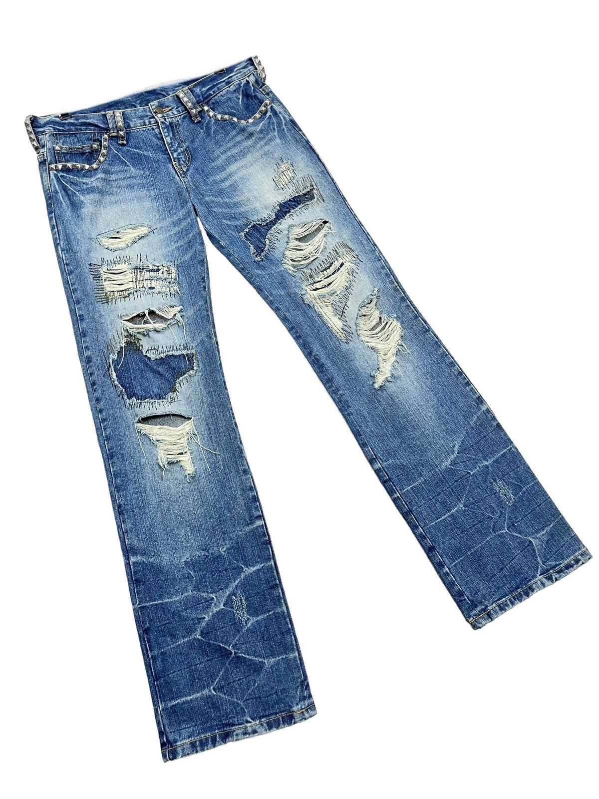 Designer 🔥FYE🔥Vtg MCD Studded Boro Patchwork Distressed Punk Denim Size US 31 - 8 Thumbnail