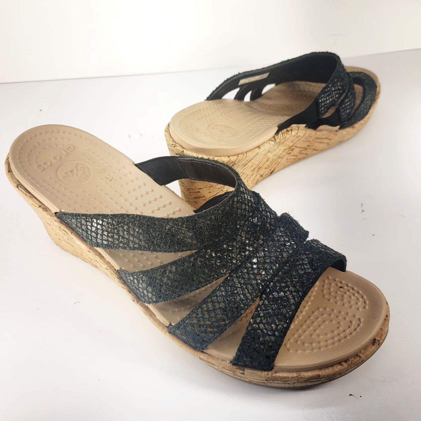 Crocs Crocs A-Leigh Cork Wedge Heel Sandals Black Reptile Upper Slip On Strappy Womens 9M Shoes Size US 9 / IT 39 - 3 Thumbnail