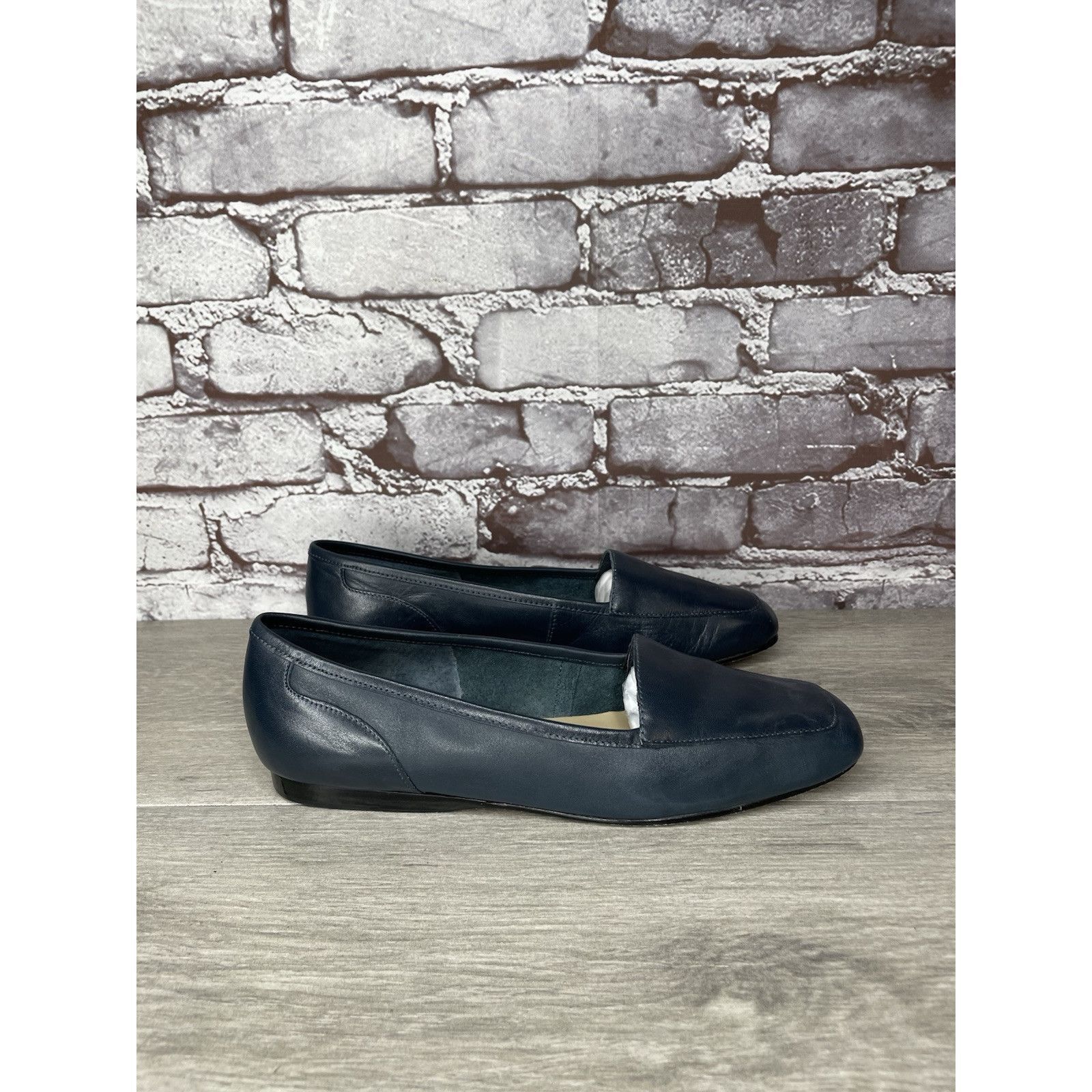 Enzo Bonafe Enzo Angiolini Liberty Navy Blue Leather Square Toe Loafers Size US 7 / IT 37 - 20 Thumbnail