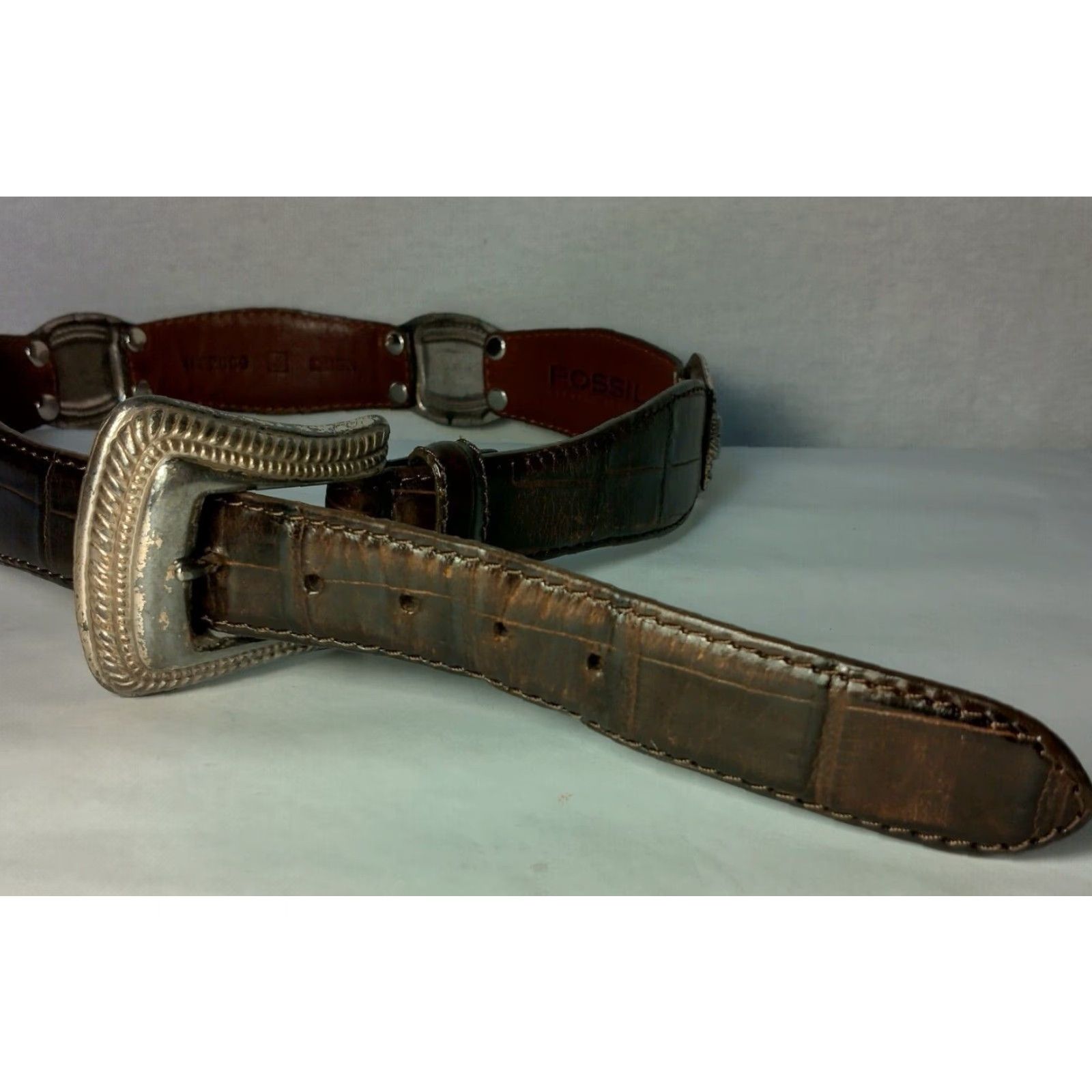 Fossil Fossil Belt Women Medium Brown Leather Metal Links Adjustable Distressed Size ONE SIZE - 6 Thumbnail