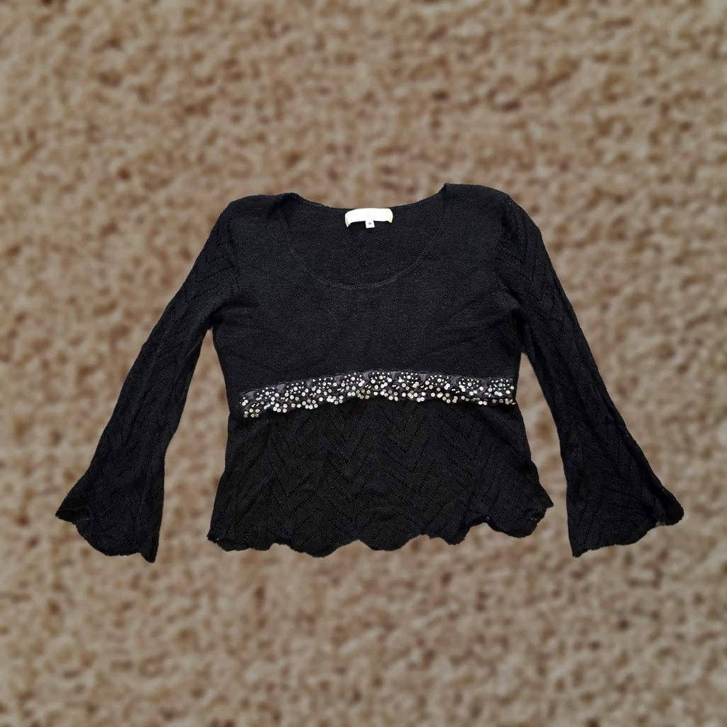 Paige Bette Paige Blouse Women M Black Lace Sequin Flare Sleeve Gothic Vintage Regular Knit Nylon Rayon Long Sleeve Round Neck Pullover Top Size M / US 6-8 / IT 42-44 - 1 Thumbnail