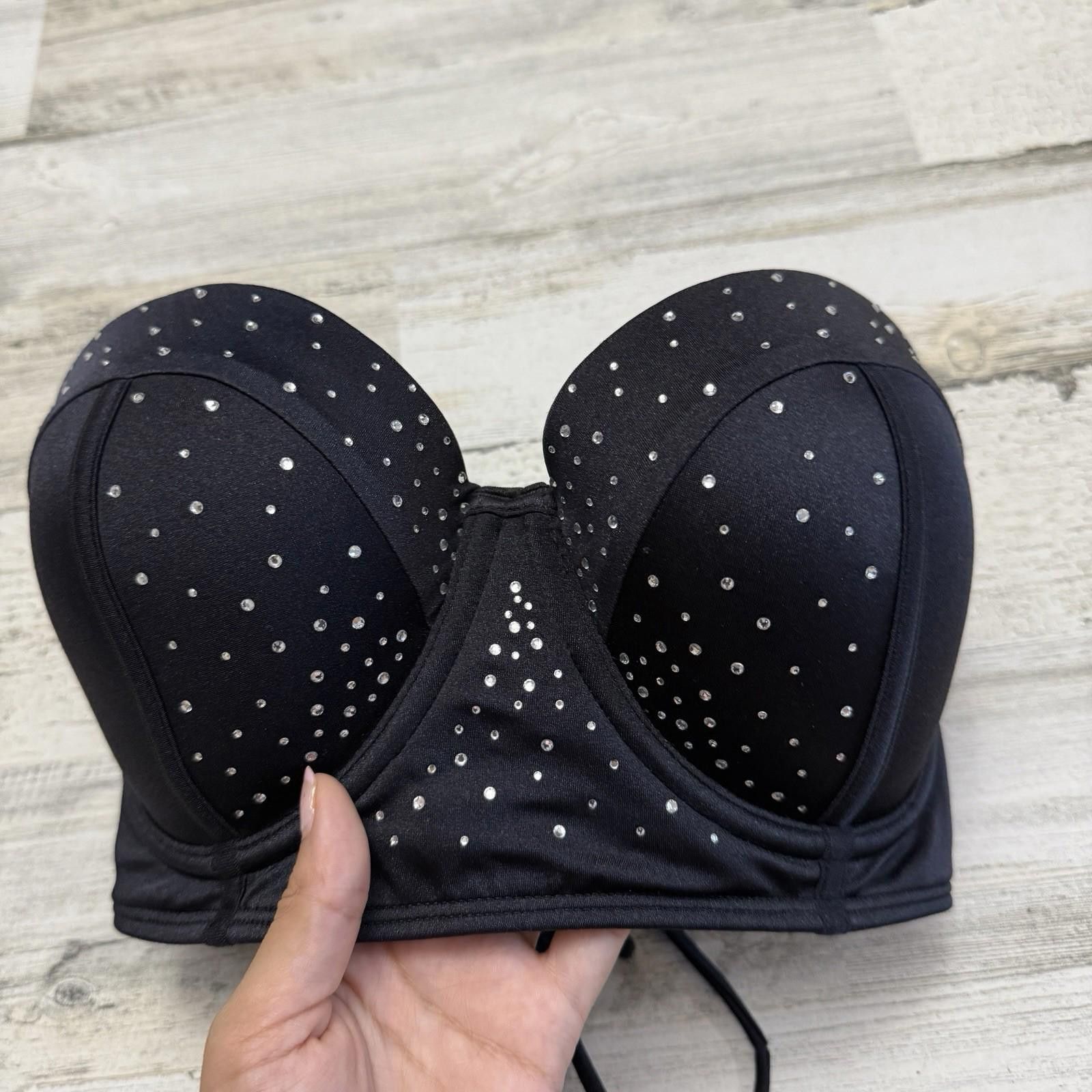 Designer Victorias Secret Black Rhinestone Bustier Bra 36D Size ONE SIZE - 4 Thumbnail