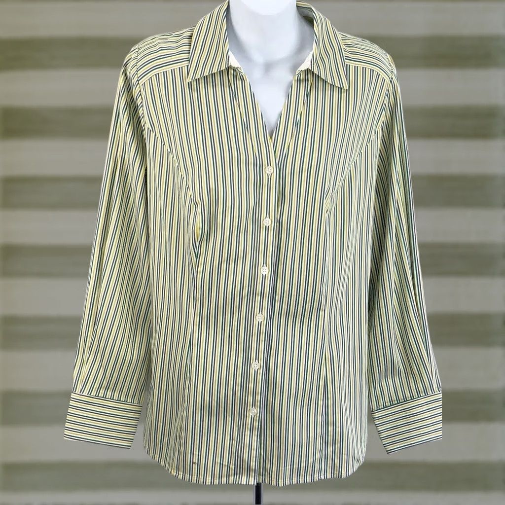 Vintage Lane Bryant Button-Up Top Striped Green Yellow V-Neck Collar 2000s 14 Women Regular Size XS-XL? Size XL / US 12-14 / IT 48-50 - 1 Thumbnail