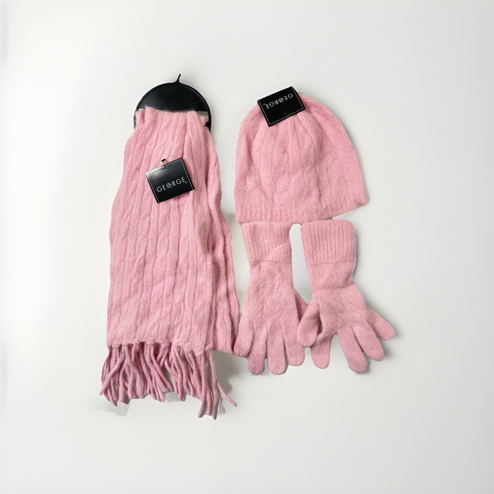 George Angora Wool Pink Hat Scarf Glove Set Womens 3 Piece Soft Size ONE SIZE - 1 Thumbnail