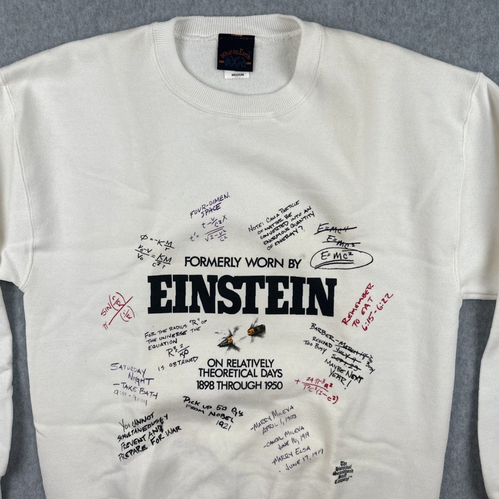 Vintage VINTAGE What On Earth Sweatshirt White Crew Neck M Mens Graphic Print Einstein Theoretical 90s Science Size US M / EU 48-50 / 2 - 5 Thumbnail