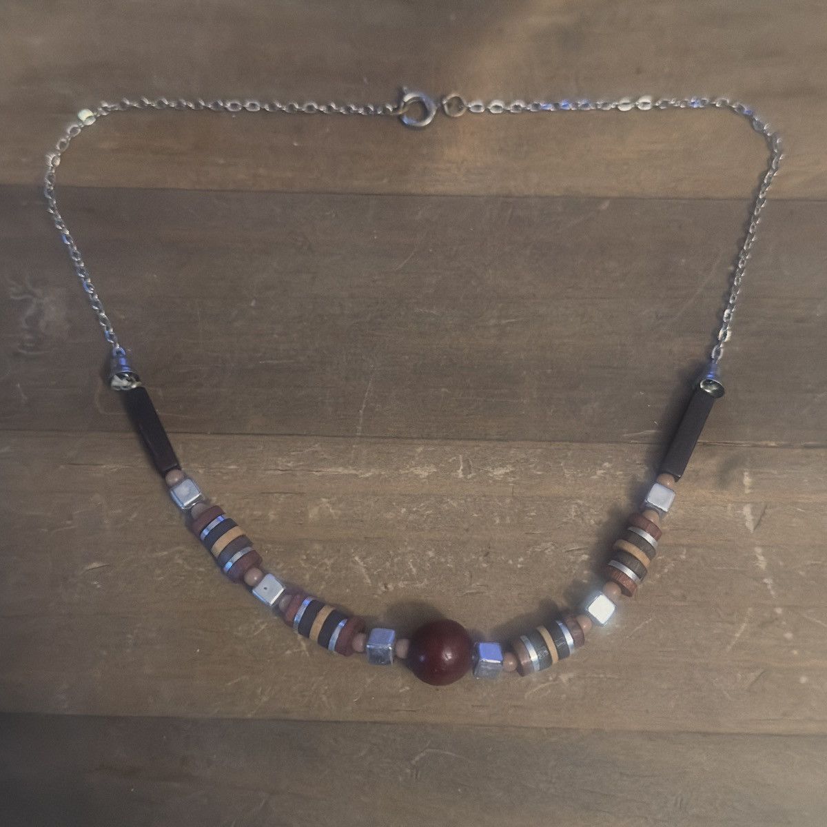 Vintage Vintage silver tone wooden bead and silver cube necklace Size ONE SIZE - 2 Thumbnail