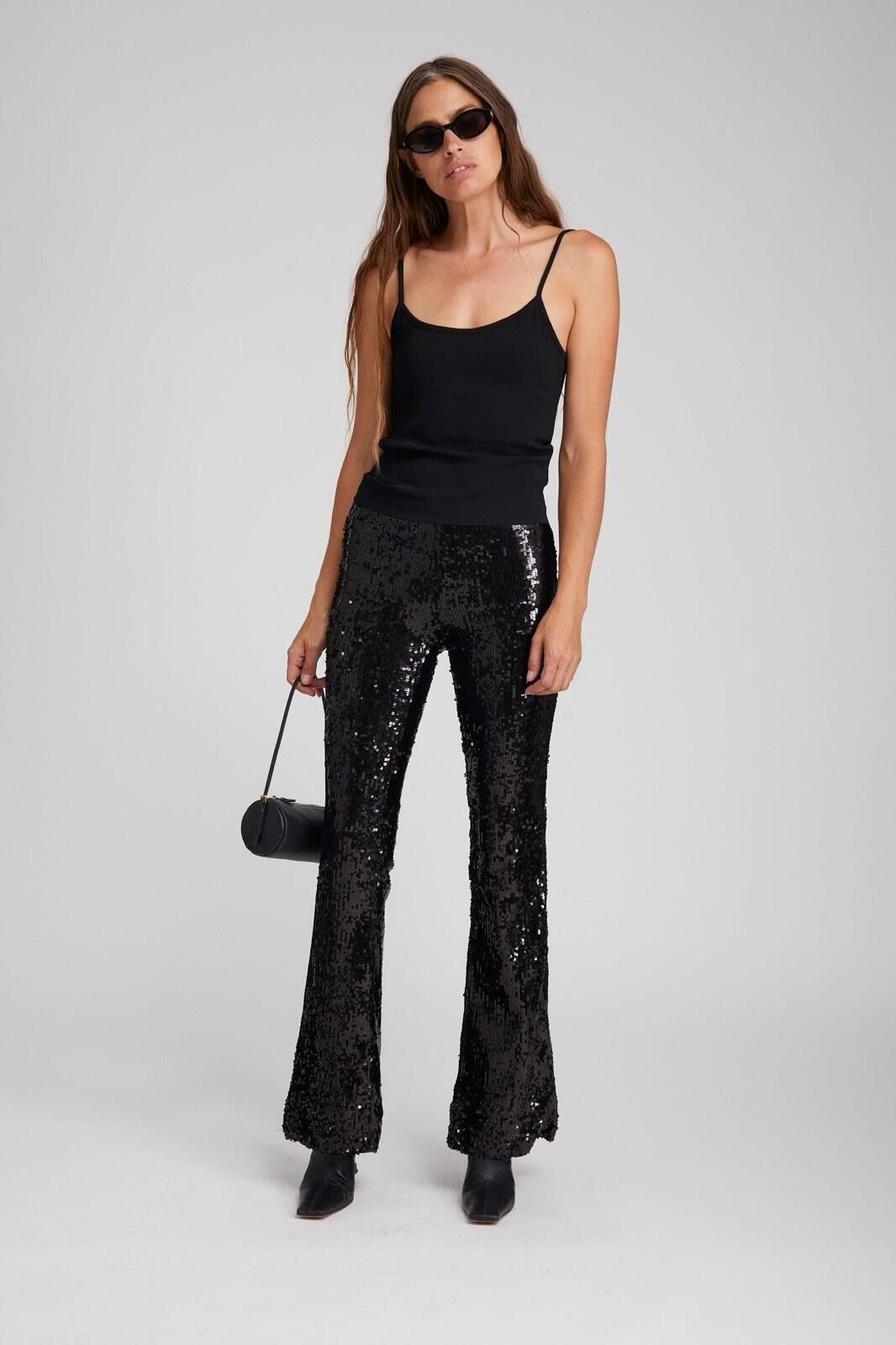 The Unbranded Brand Black Sequin Flare Pants Stretch High Rise Glam Womens Sz L Size 36" / US 14 / IT 50 - 2 Thumbnail