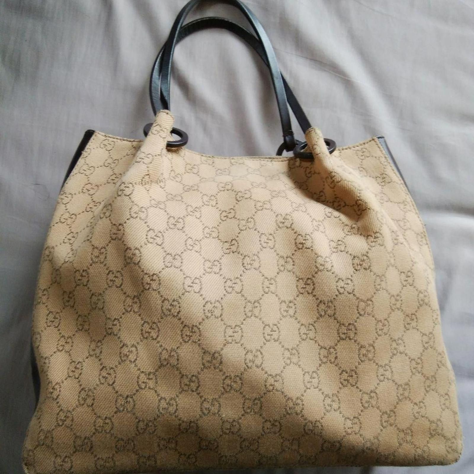 Gucci Gucci - Beige Monogram Canvas Tote Bag with Black Leather Tr Size ONE SIZE - 3 Thumbnail