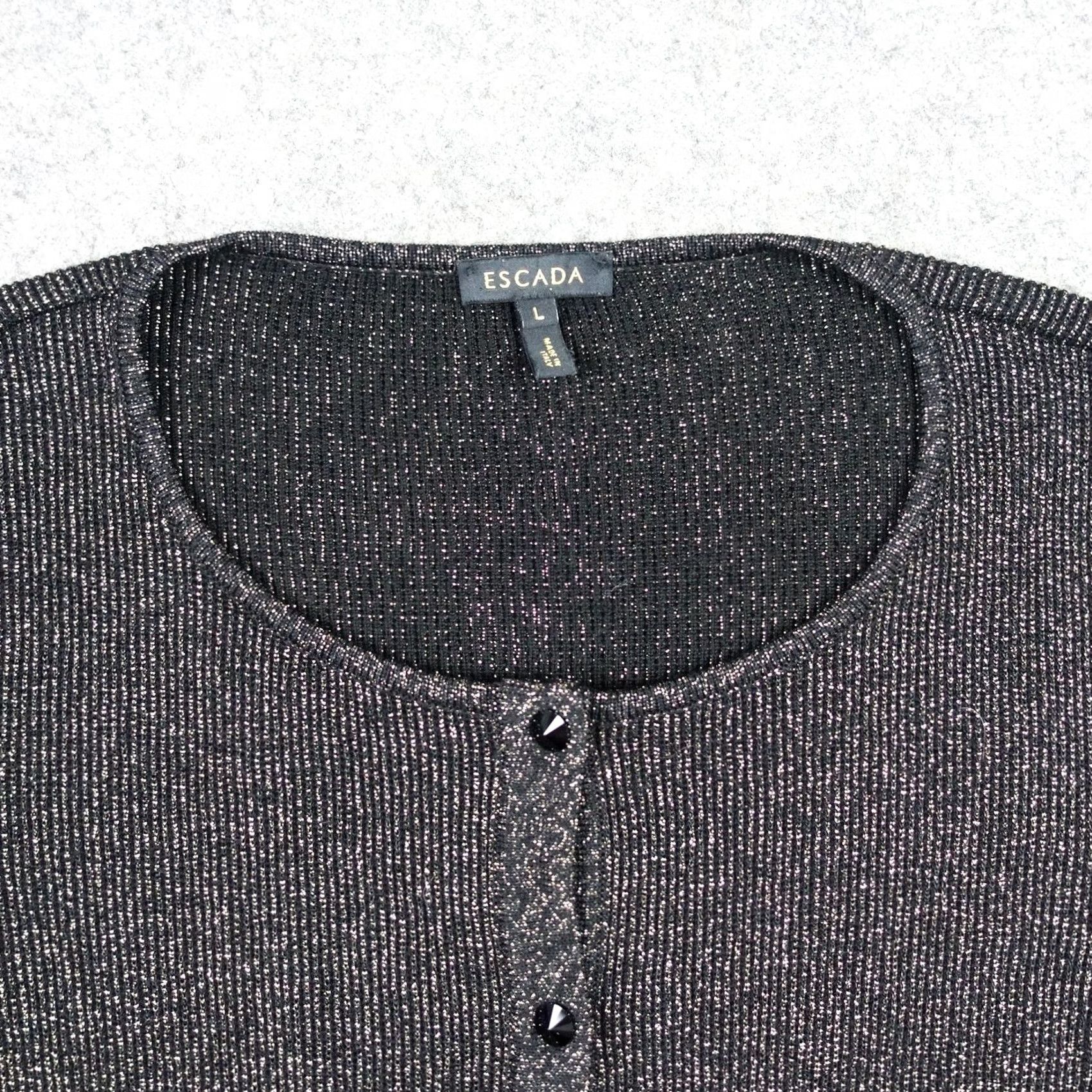 Escada VINTAGE Escada Cardigan Sweater Womens Large Black Gold Metallic Button Front Wool Italy Size L / US 10 / IT 46 - 2 Thumbnail