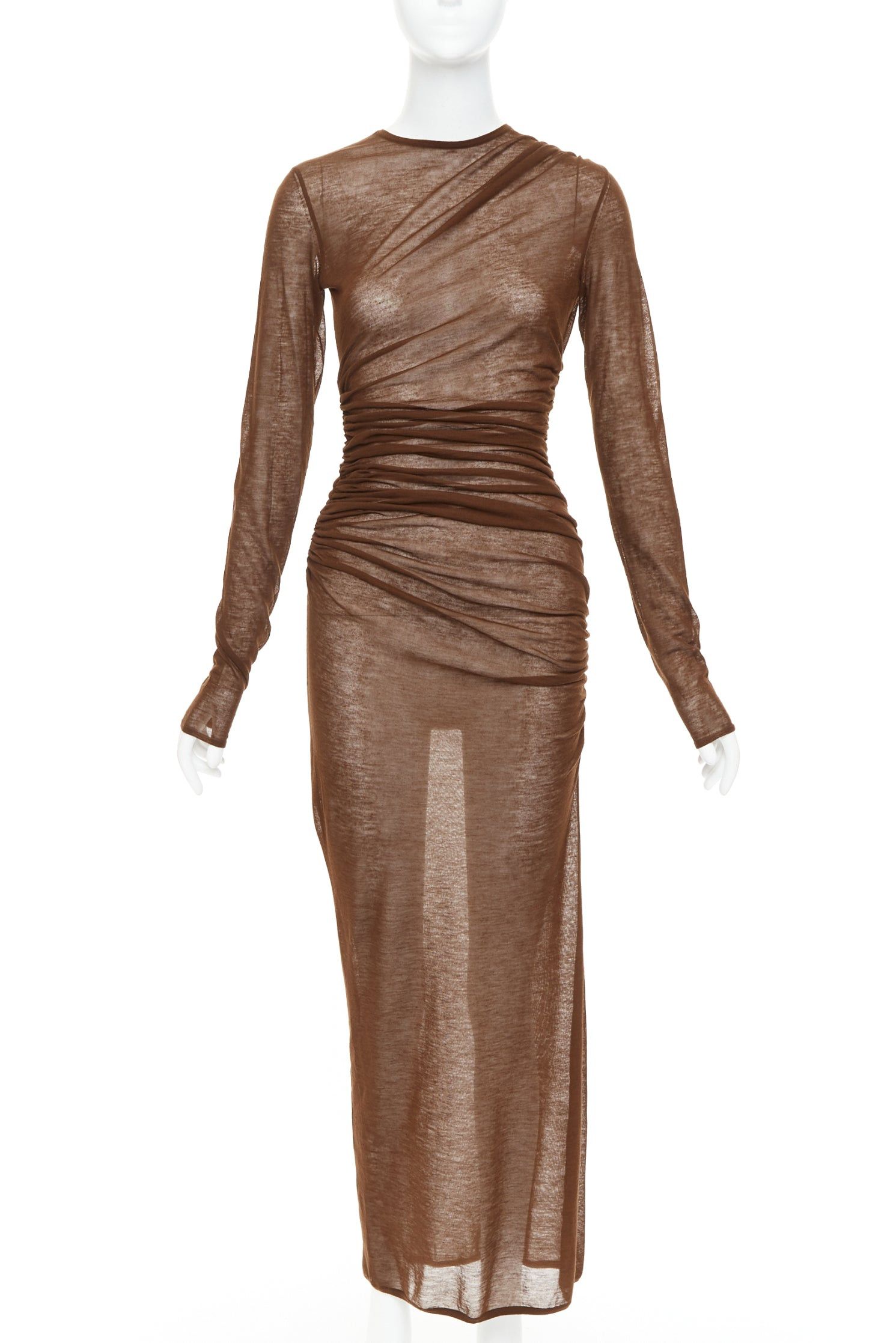 Saint Laurent Paris SAINT LAURENT 2023 marron brown sheer wool blend knit side ruched midi dress S Size S / US 4 / IT 40 - 1 Thumbnail