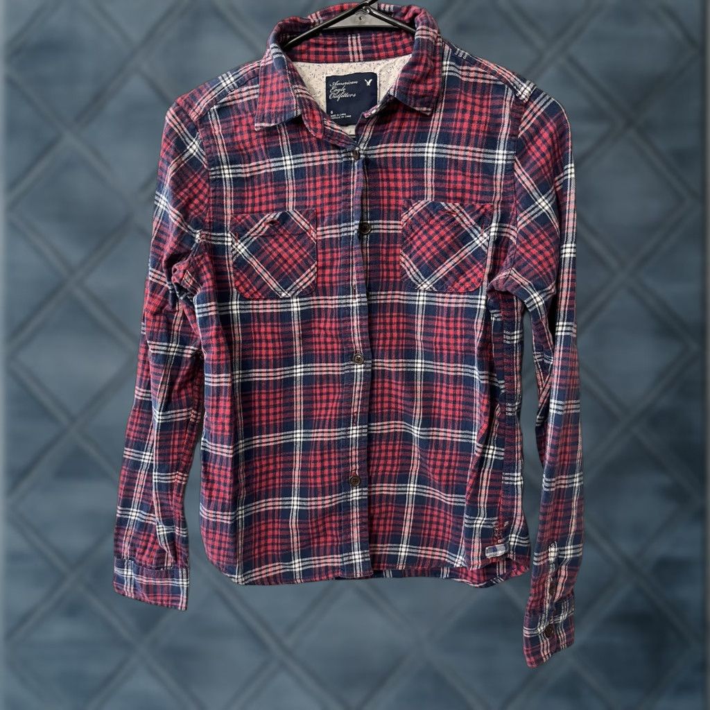 American Eagle Outfitters VINTAGE American Eagle Outfitters Shirt Womens 6 Red Blue Plaid Button-Up Long Sleeve Casual Workwear Size M / US 6-8 / IT 42-44 - 1 Thumbnail