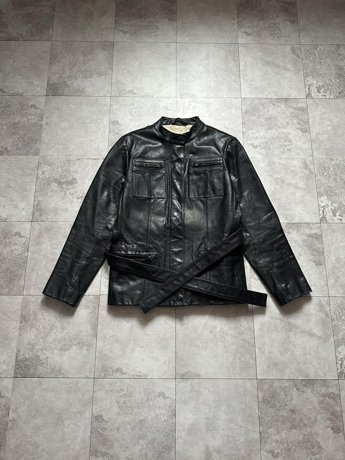 Gap × Vintage Vintage GAP Leather Black Belted Leather Biker Jacket Size M / US 6-8 / IT 42-44 - 1 Thumbnail