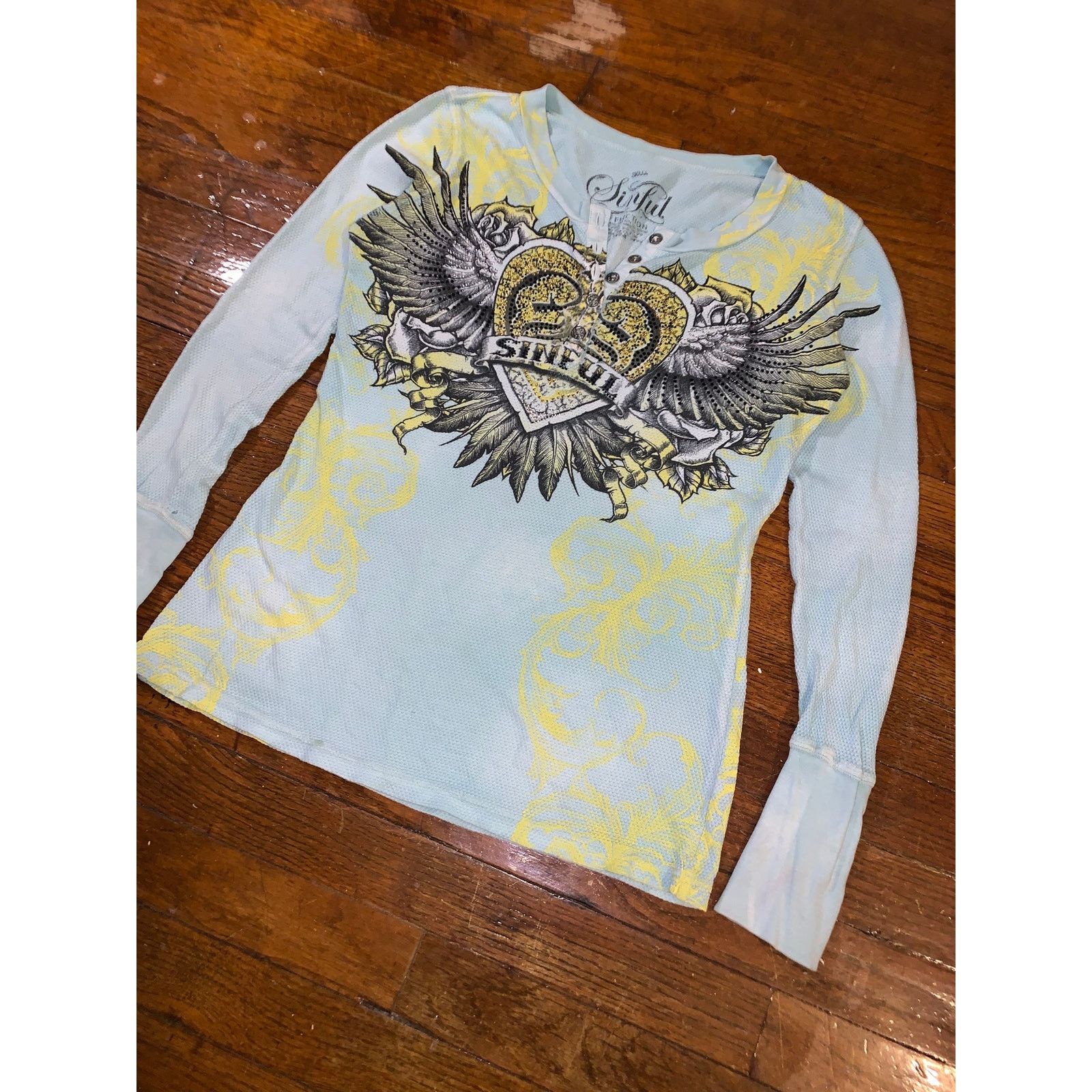 Affliction × Vintage Sinful by Affliction Thermal Henley Small Blue Wings Y2K Size S / US 4 / IT 40 - 7 Thumbnail