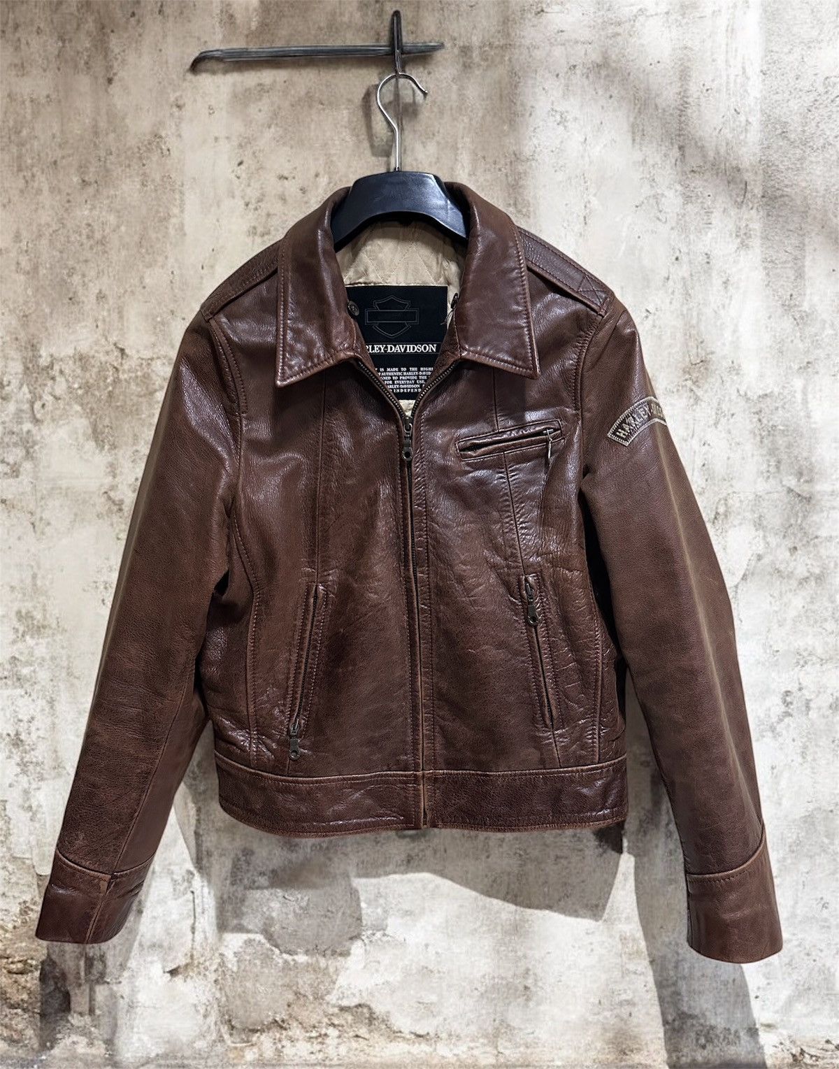 Vintage Harley Davidson Heavy Leather Biker Jacket Brown L
