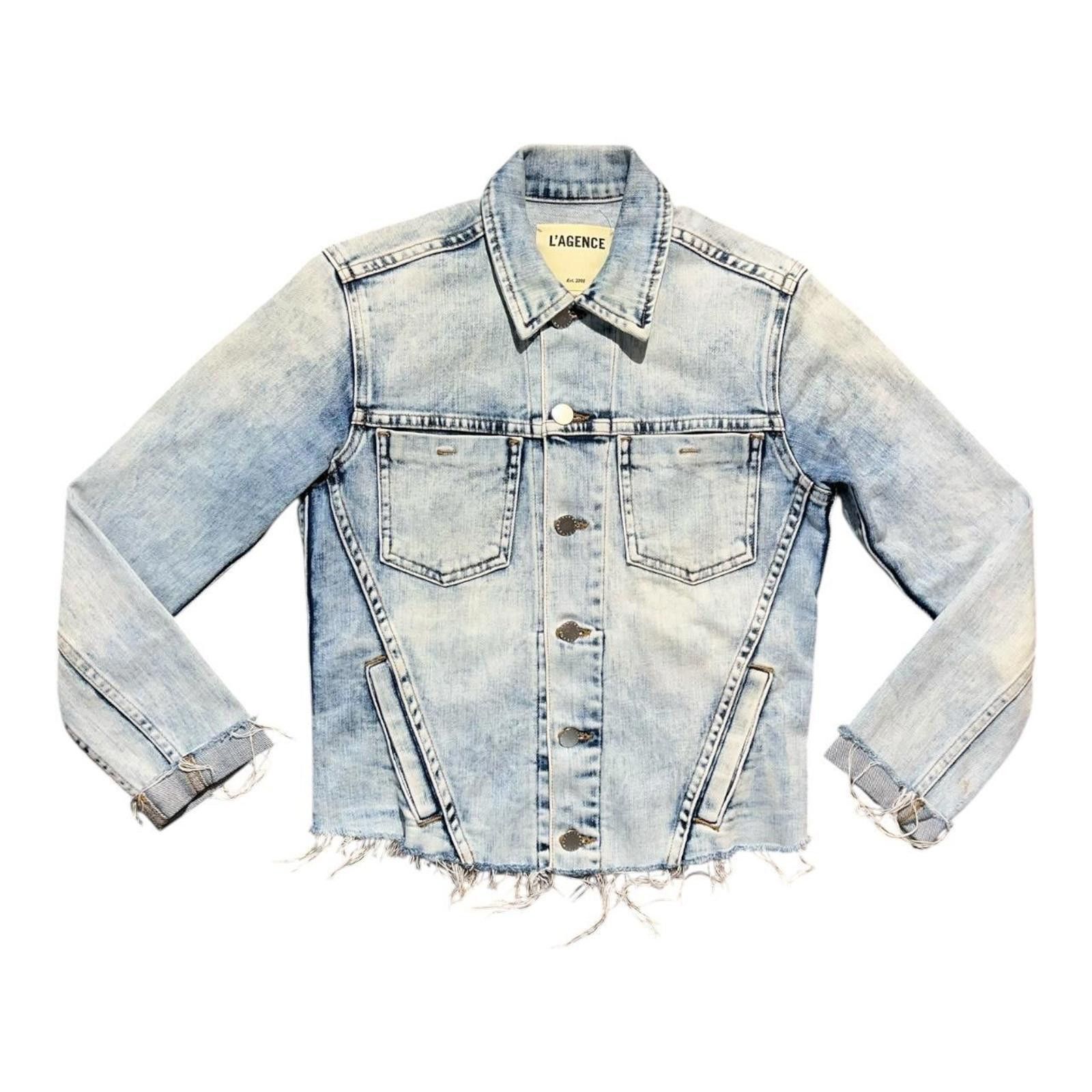 Other L’ Agence Janelle Cropped Denim Jacket Fray Hems Size XS / US 0-2 / IT 36-38 - 1 Thumbnail