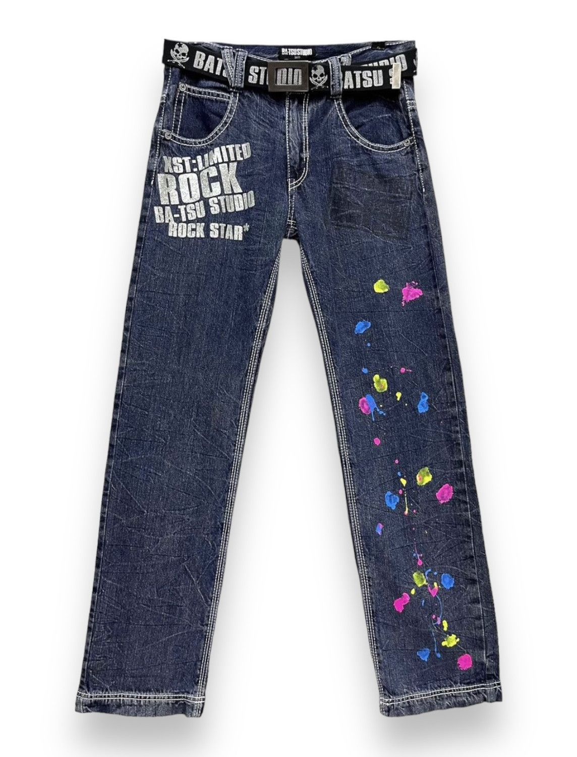 image of Rockstar x Skulls VTG Batsu Studio Rock Star Multicolor Splash Painted Jeans in Blue (Size 29)