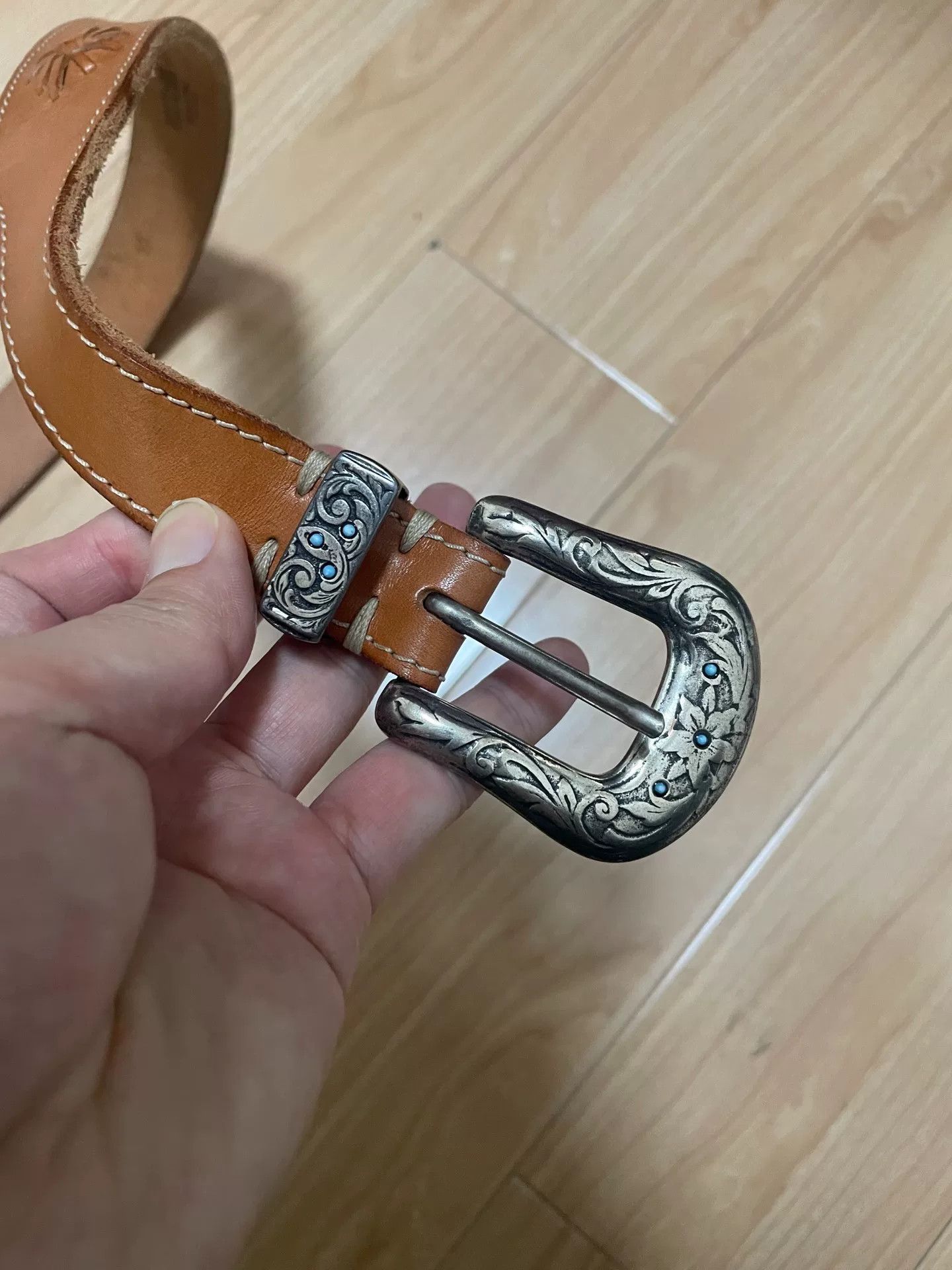 Japanese Brand Handmade Italian Turquoise Inlaid Leather Belt Size ONE SIZE - 1 Thumbnail