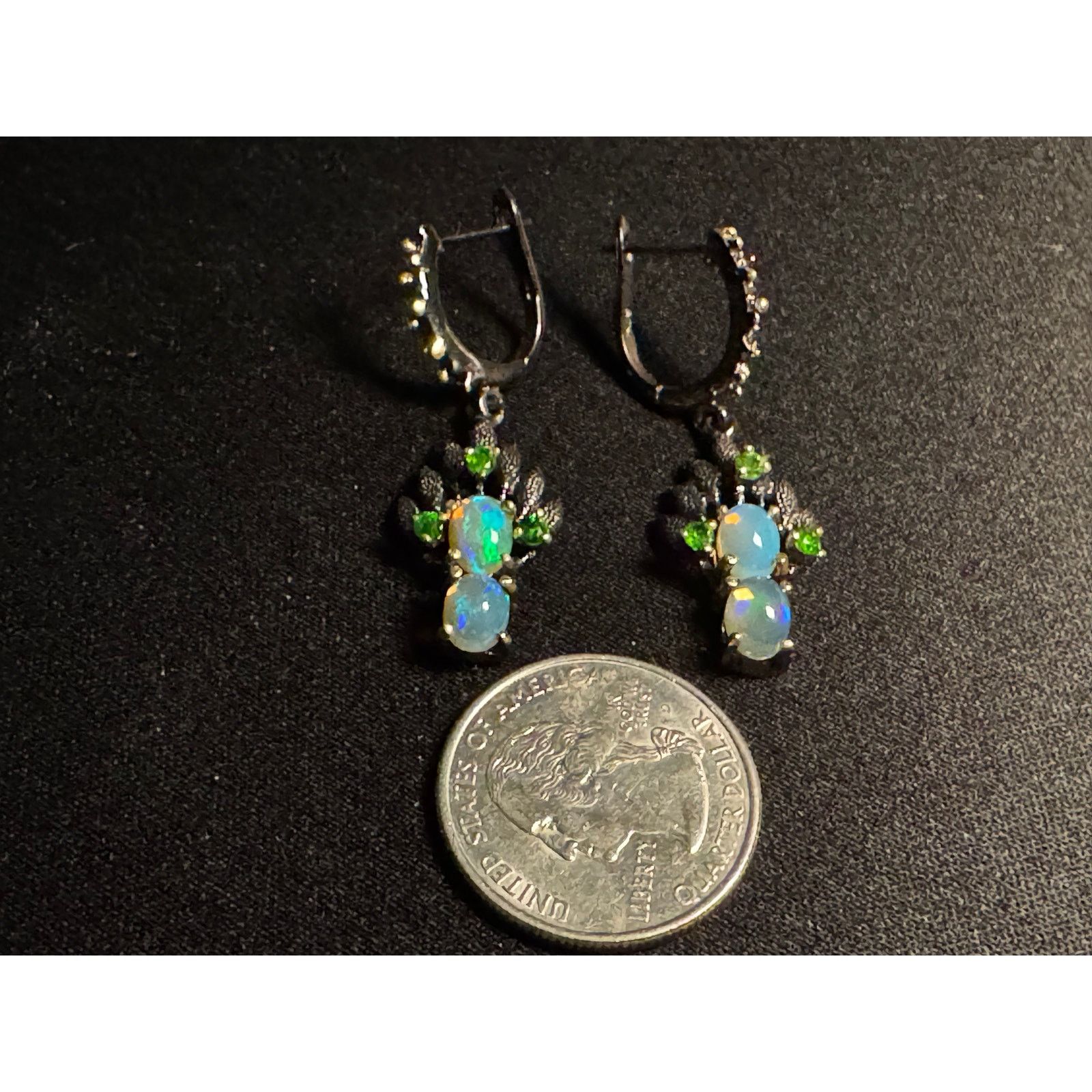 Other 925 Silver Rhodium Oxidized Ethiopian Opal Emerald Earrings Size ONE SIZE - 3 Thumbnail