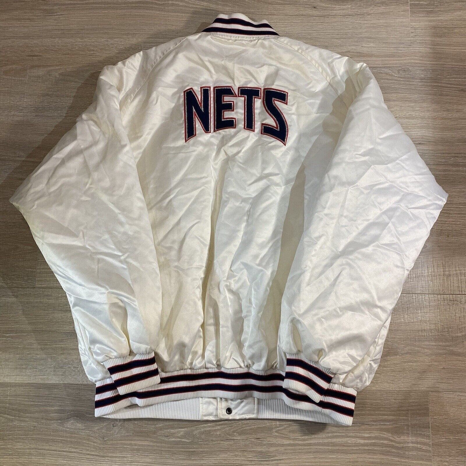 image of Vintage Nike New Jersey Brooklyn Nets Satin Bomber Jacket 2X in White, Men's (Size 2XL)