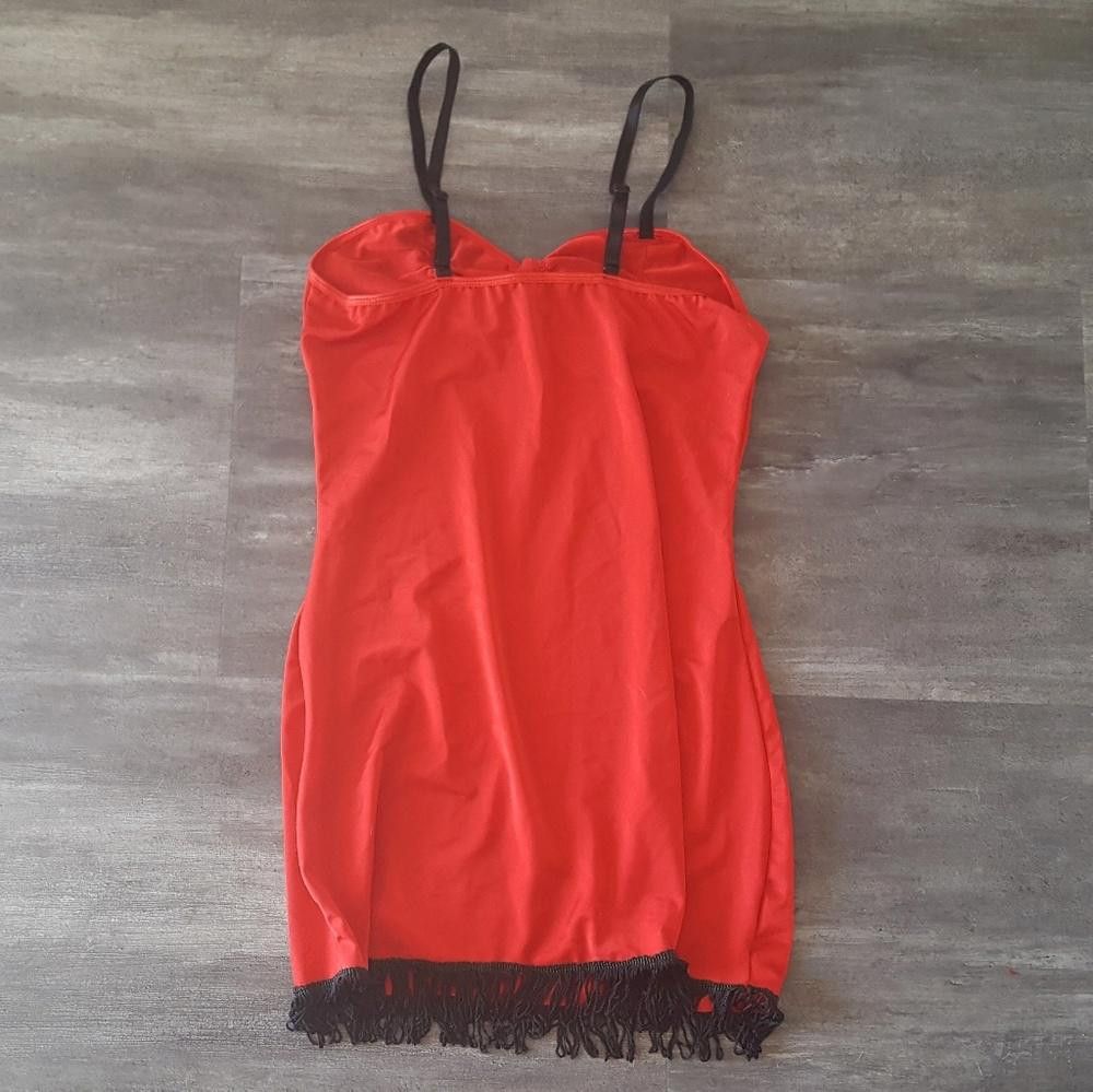 Designer Red Black Fringe Detailed Lingerie Slip Size ONE SIZE - 2 Thumbnail