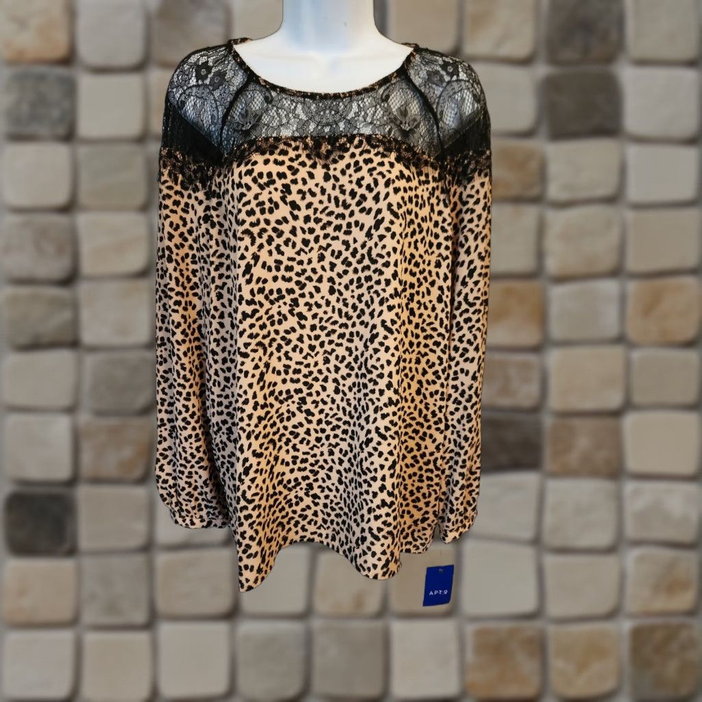 Apt. 9 NWT Apt. 9 Leopard Print Blouse Top w/ Black Lace Yoke Long Sleeve Size L Womens Shirt Blouse Multicolor Leopard Collarless 90s? (not applicable) Size L / US 10 / IT 46 - 1 Thumbnail