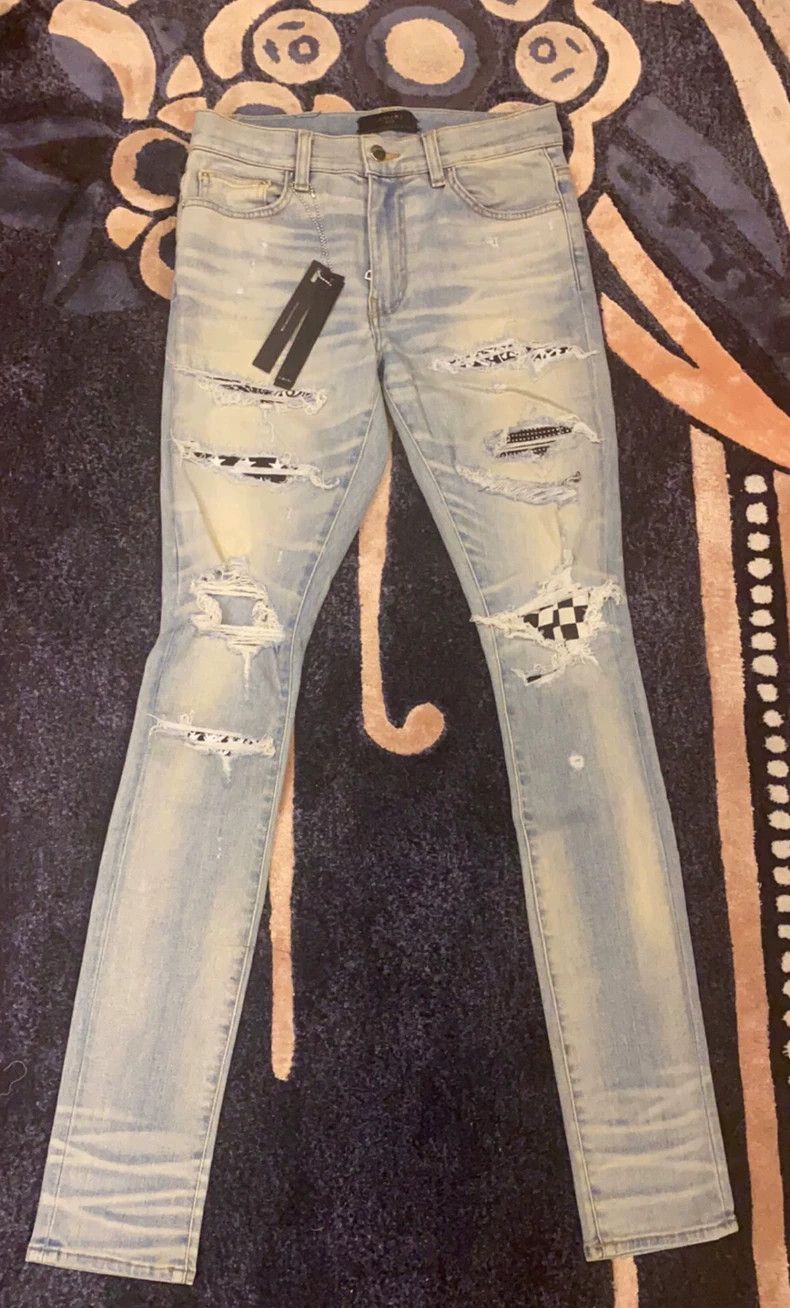 Amiri Amiri checkerboard multi-element spliced blue denim pants Size US 32 / EU 48 - 1 Thumbnail