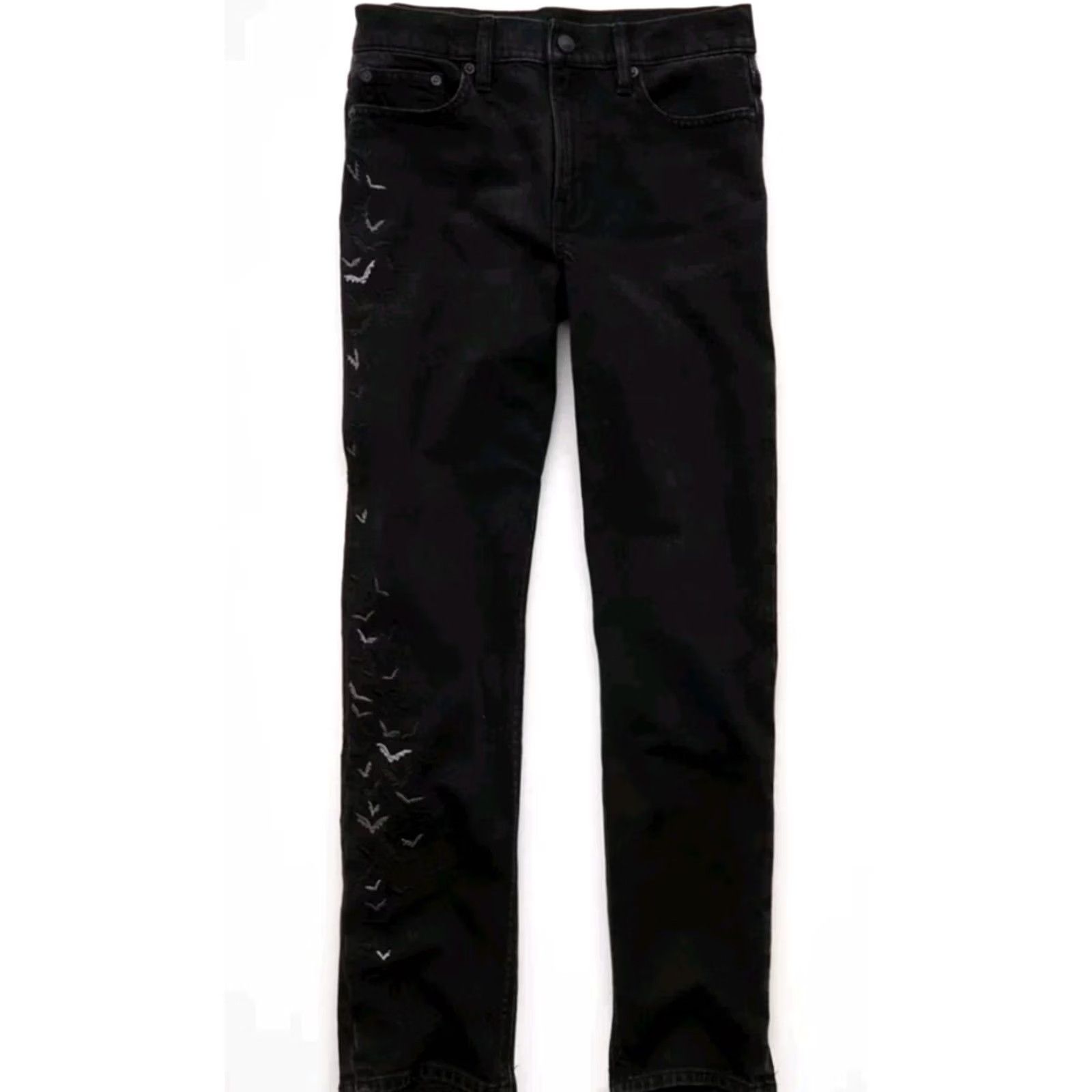 American Eagle Outfitters VINTAGE American Eagle Super High Rise Stretch Straight Bat Embroidered Jeans Sz 2 Short Size 26" / US 2 / IT 38 - 2 Thumbnail
