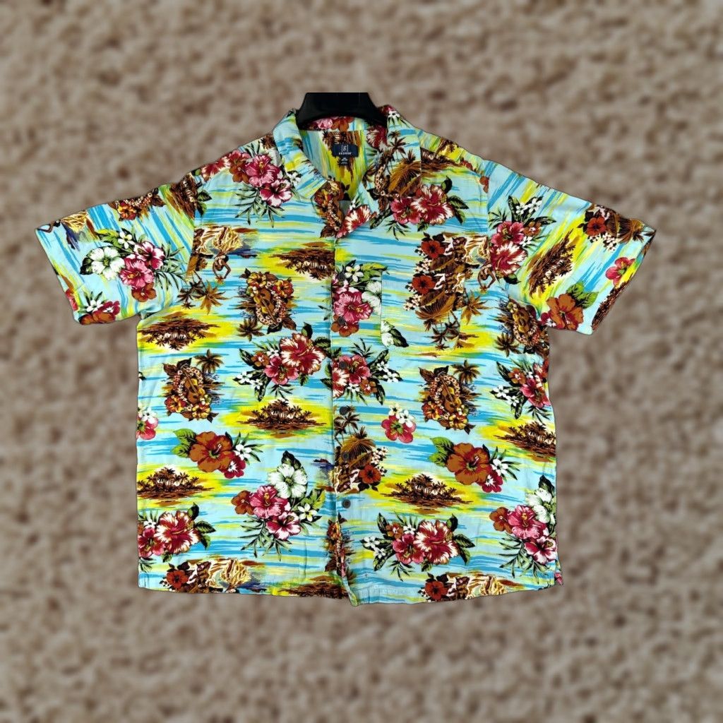 George George Hawaiian Shirt Mens 2XL Blue Floral Print Sleeves Short Sleeve Button-Up Cotton Size US XXL / EU 58 / 5 - 1 Thumbnail