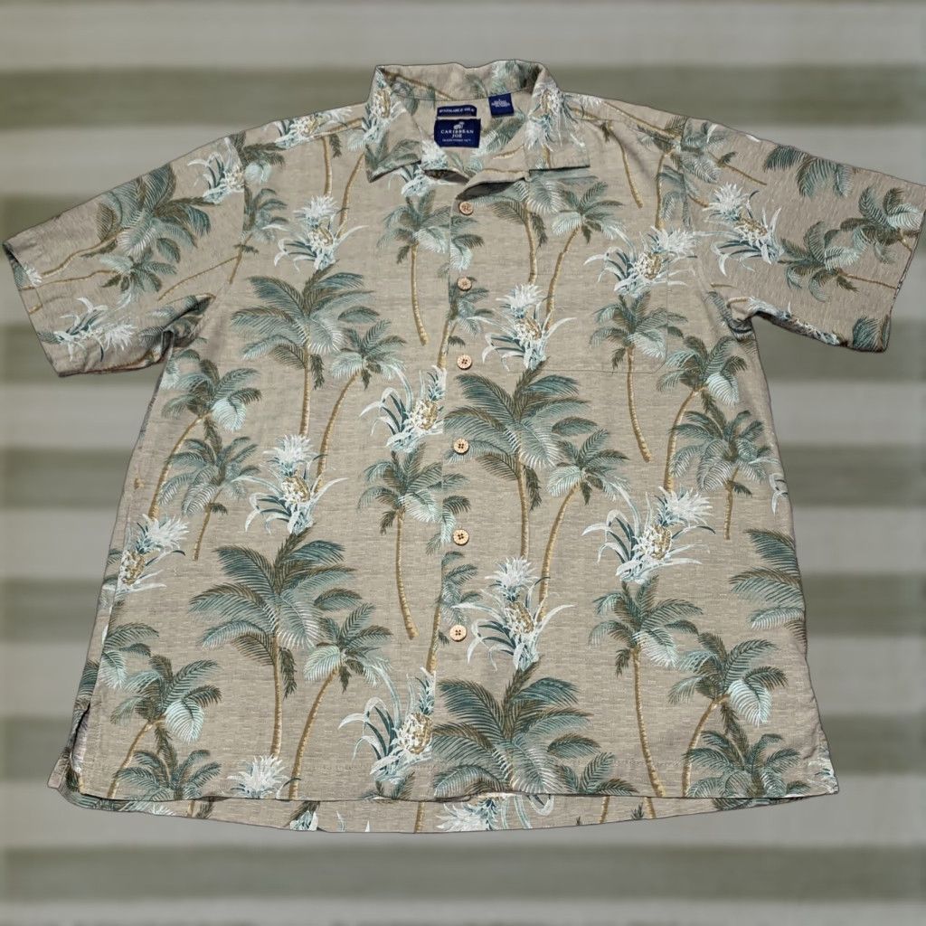 Vintage Caribbean Joe Silk Hawaiian Shirt Large Palm Trees Pineapple Tan Green Brown Men Size US L / EU 52-54 / 3 - 1 Thumbnail