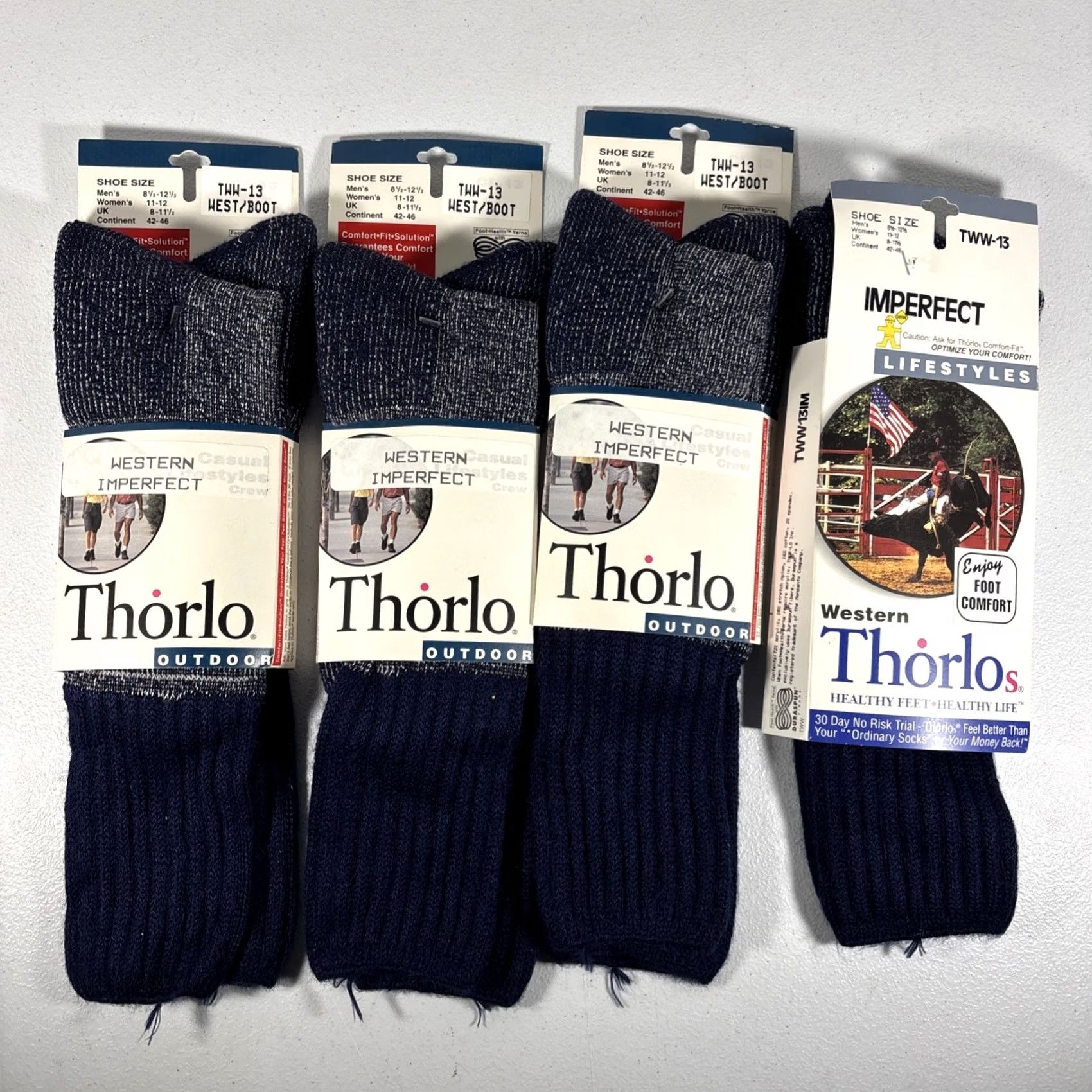 Vintage Thorlos Socks Western Navy Calf 8.5-12.5 Men’s Unisex Adults 4 Pairs TWW-13 USA 90s Cushioned Mid Calf All Seasons Athletic Socks Size ONE SIZE - 2 Thumbnail