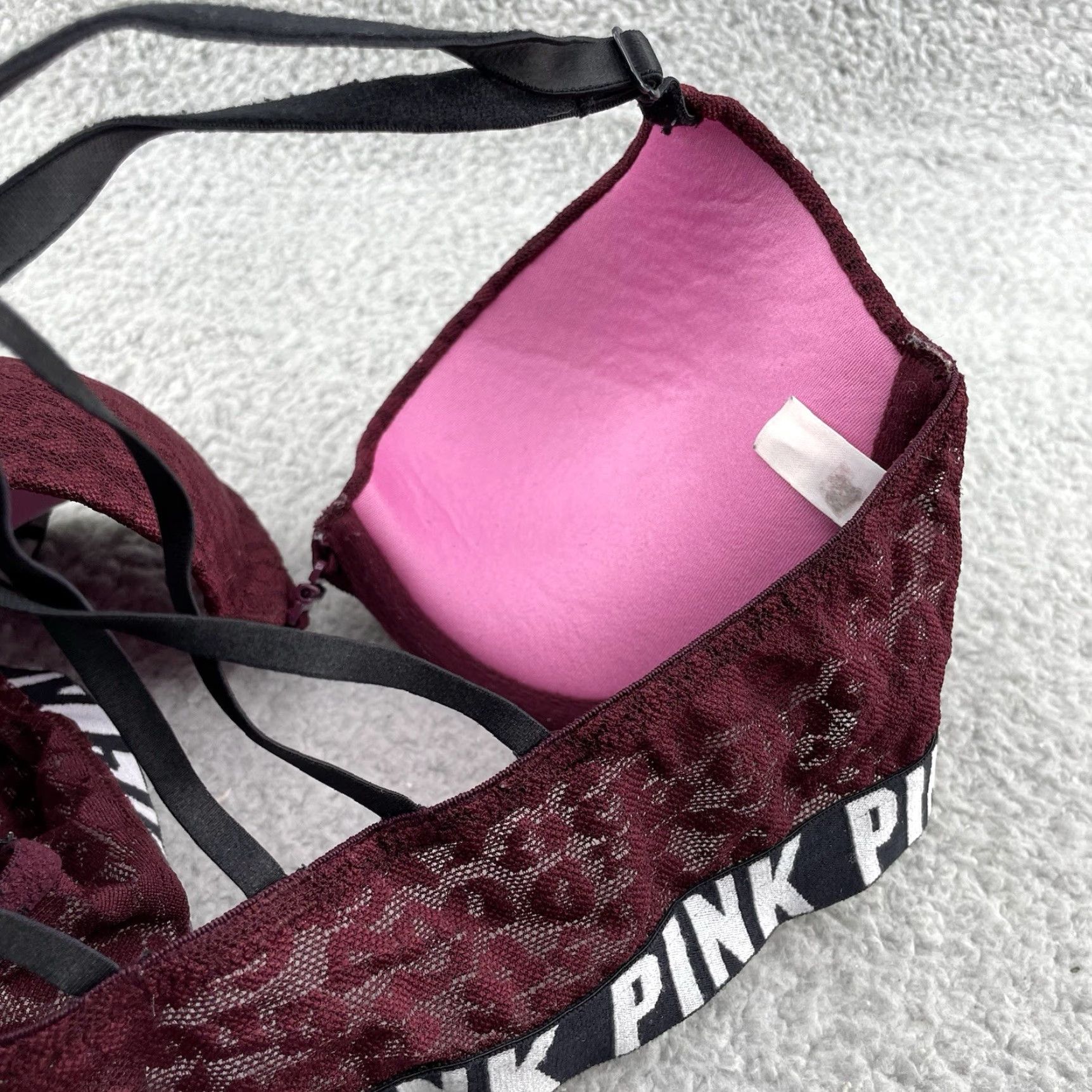 Victoria's Secret VINTAGE Victoria's Secret Sport Push Up Bra Womens 34B Burgundy Floral Lace Underwire Size ONE SIZE - 4 Thumbnail