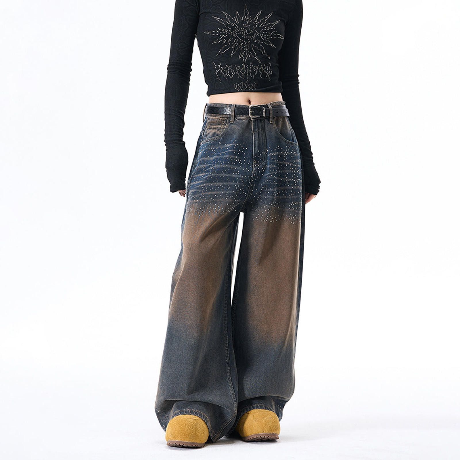 Vintage Wide Leg Baggy Denim Jeans, Studded Baggy Jeans Size 28" / US 6 / IT 42 - 2 Thumbnail