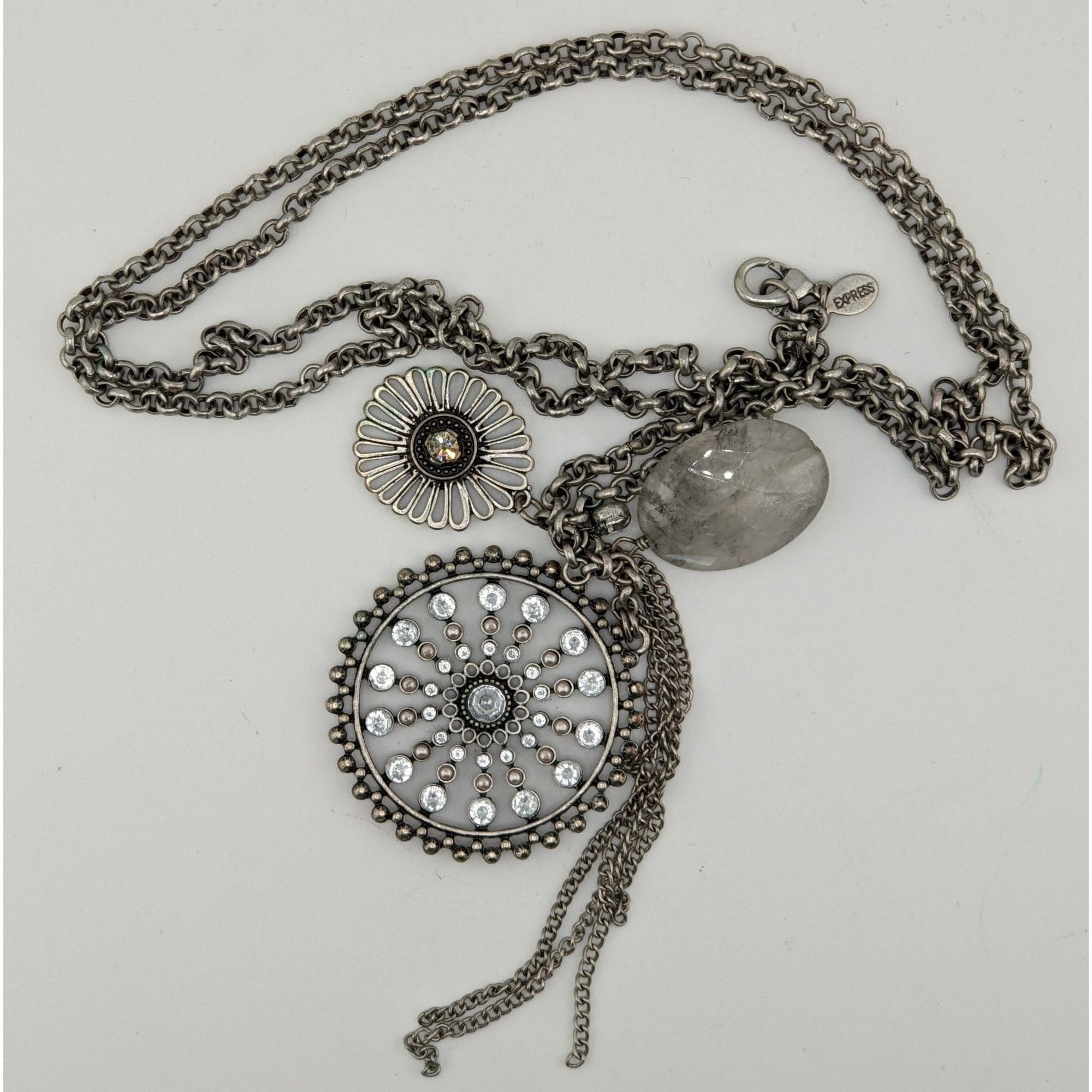 Express Express Y2K Glam Medallion Long Silver-Tone Layered Pendant Size ONE SIZE - 6 Thumbnail