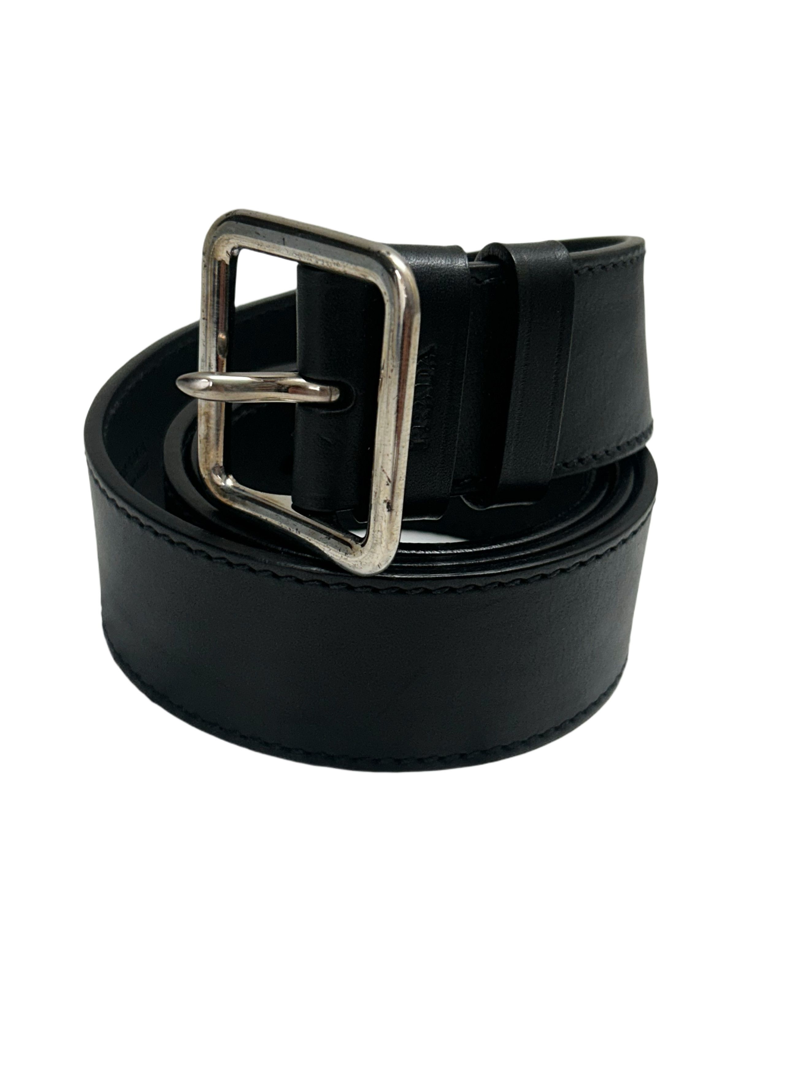 Prada Prada Black CalkskinLeatherBelt WithWith Square Notch Buckle Size 28 - 2 Thumbnail